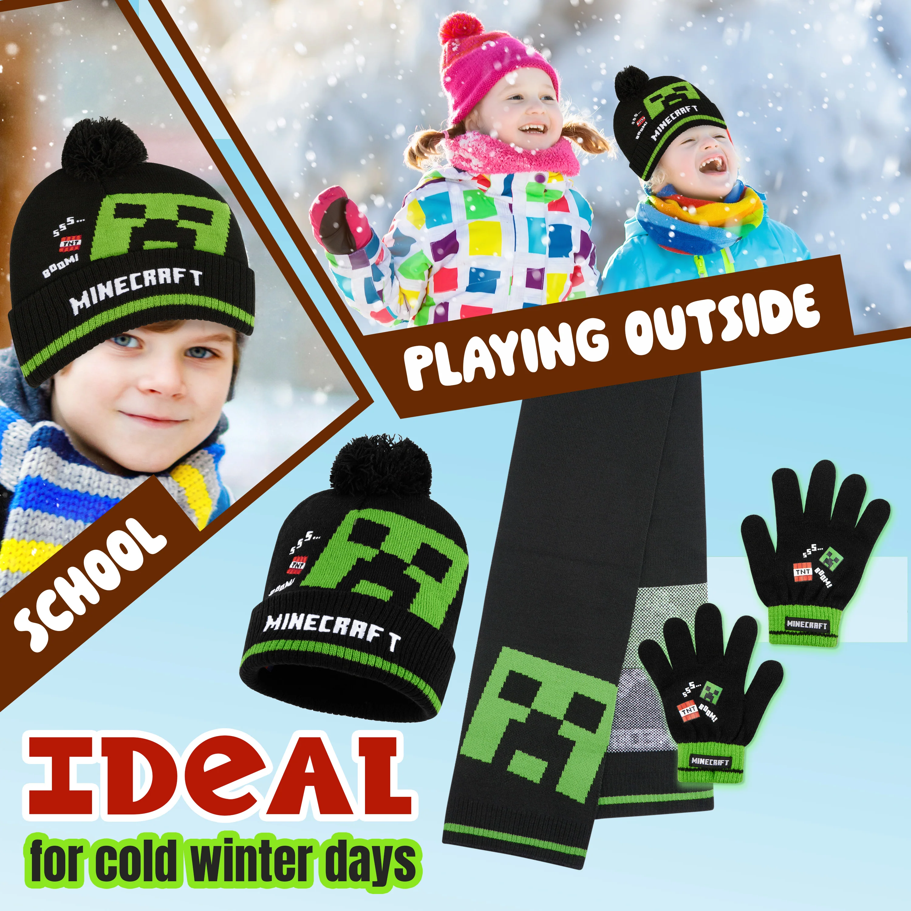 Minecraft Cold Weather Set - Creeper Beanie Hat Scarf and Gloves Set Kids Winter Set - Image 4
