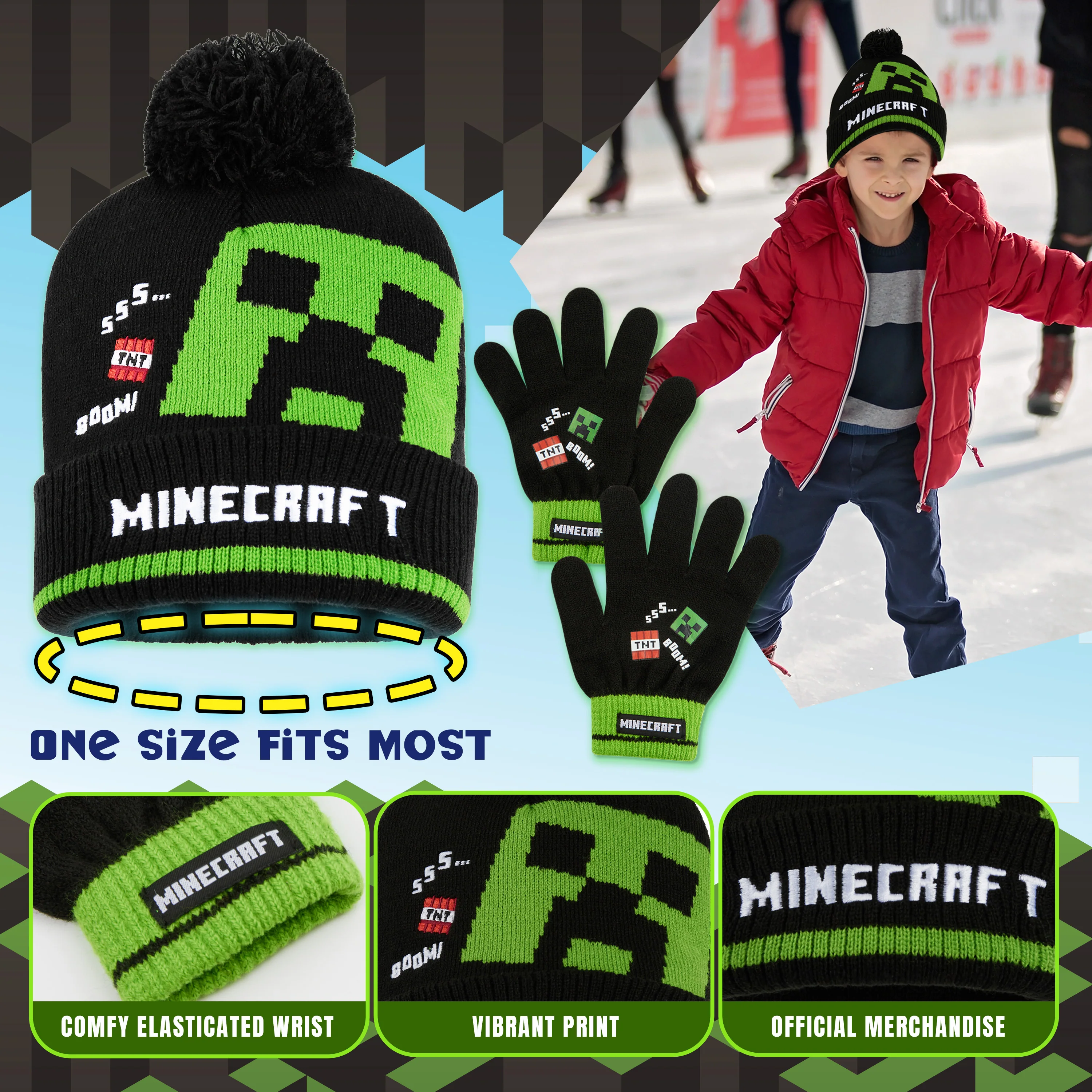 Minecraft Cold Weather Set - Creeper Beanie Hat Scarf and Gloves Set Kids Winter Set - Image 5