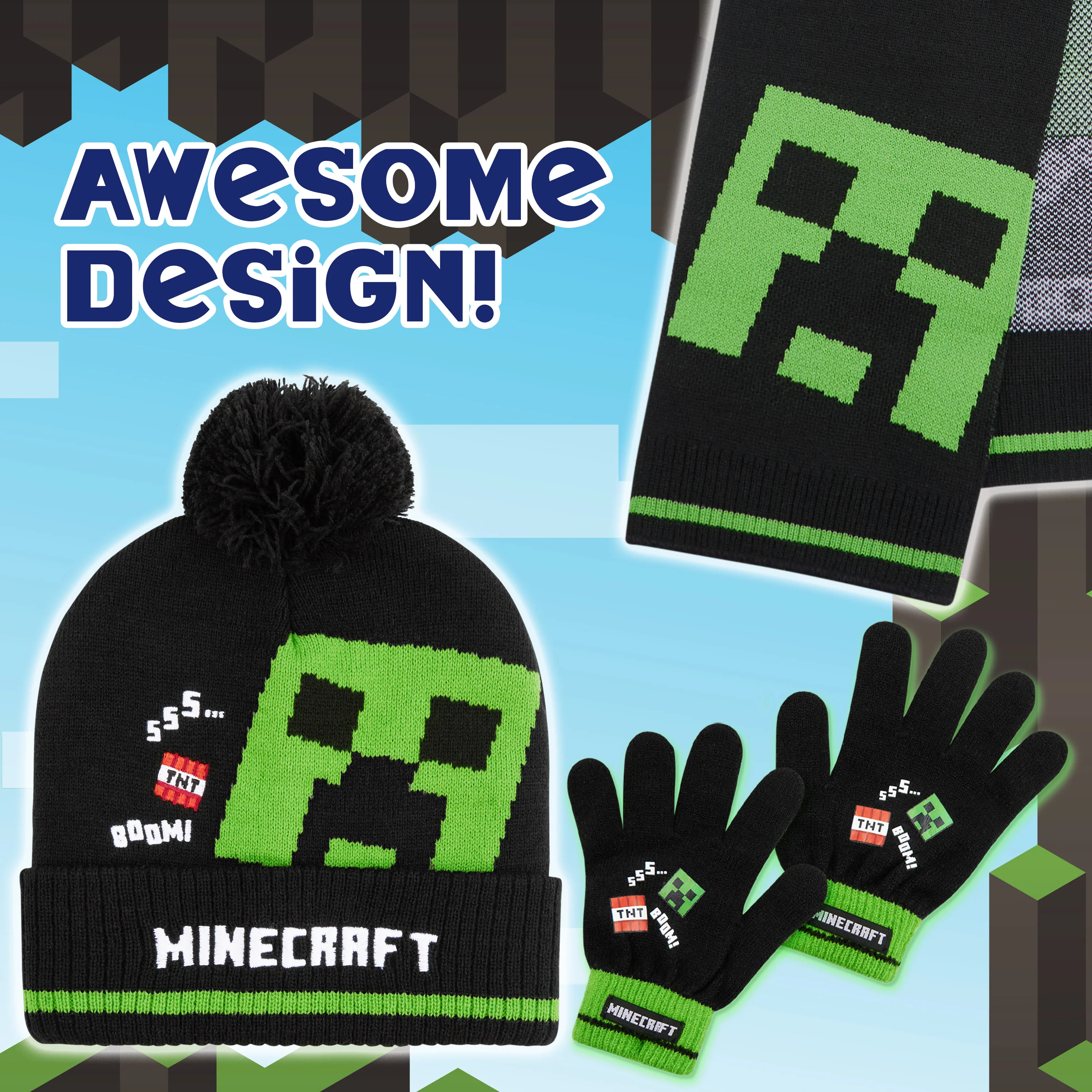 Minecraft Cold Weather Set - Creeper Beanie Hat Scarf and Gloves Set Kids Winter Set - Image 6