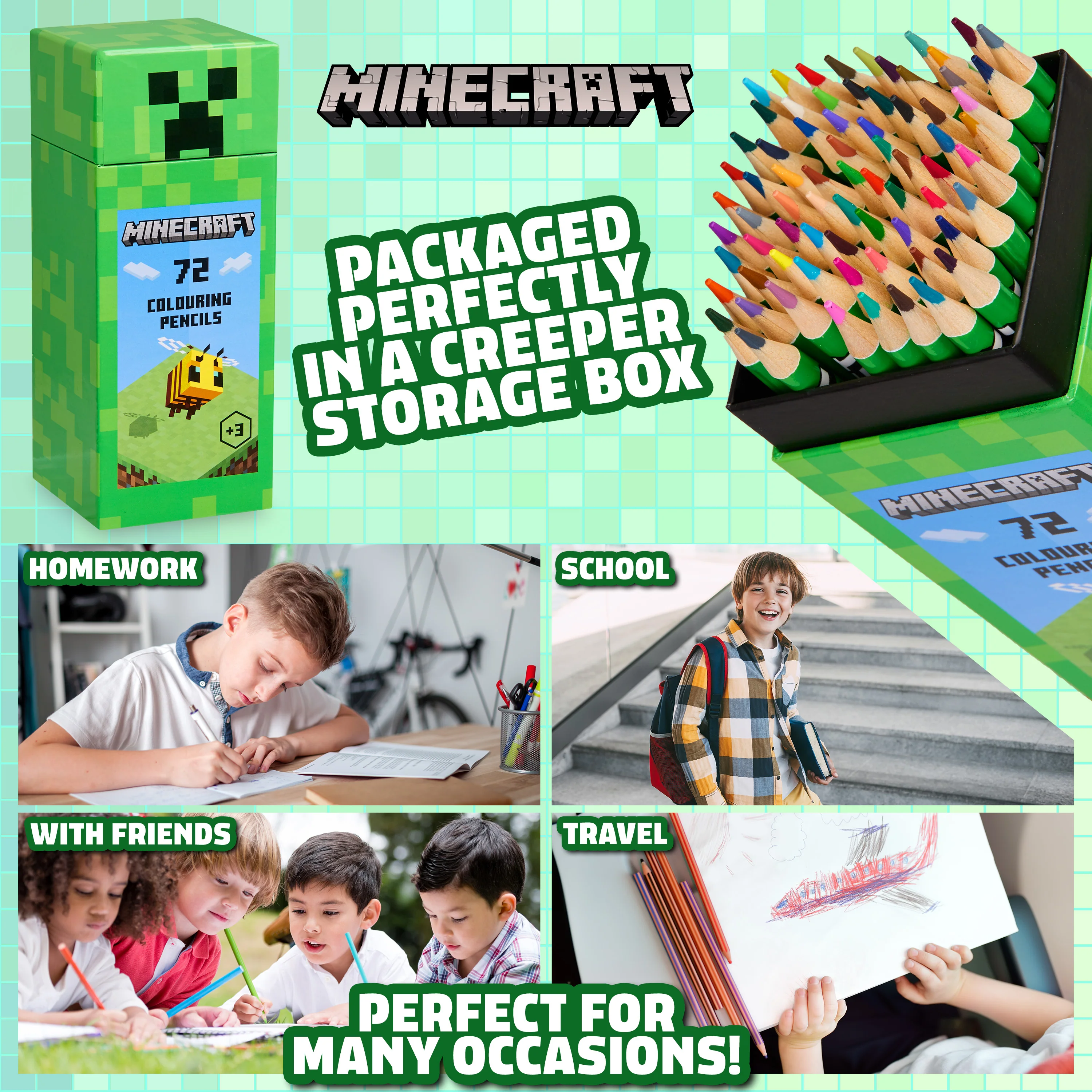 Minecraft Colouring Pencils Set for Kids 72 Pencils Colouring Box Creeper Design Colouring Set for Children Aged 3+ Official Merchandise Gifts for Boys - Image 6