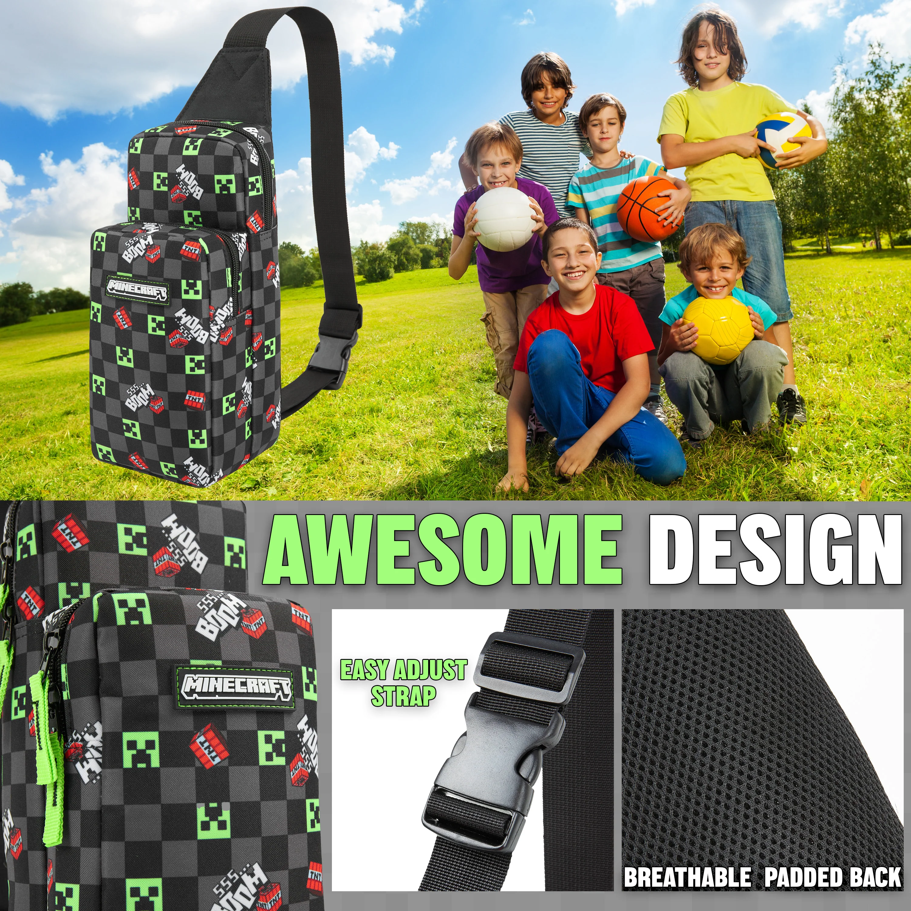 Minecraft Crossbody Bag for Boys Teens Creeper Sling Bag with Compartments Adjustable Strap Chest Bag for Travel Holidays Ideal for Phone Wallets Gamer Gifts - Image 4