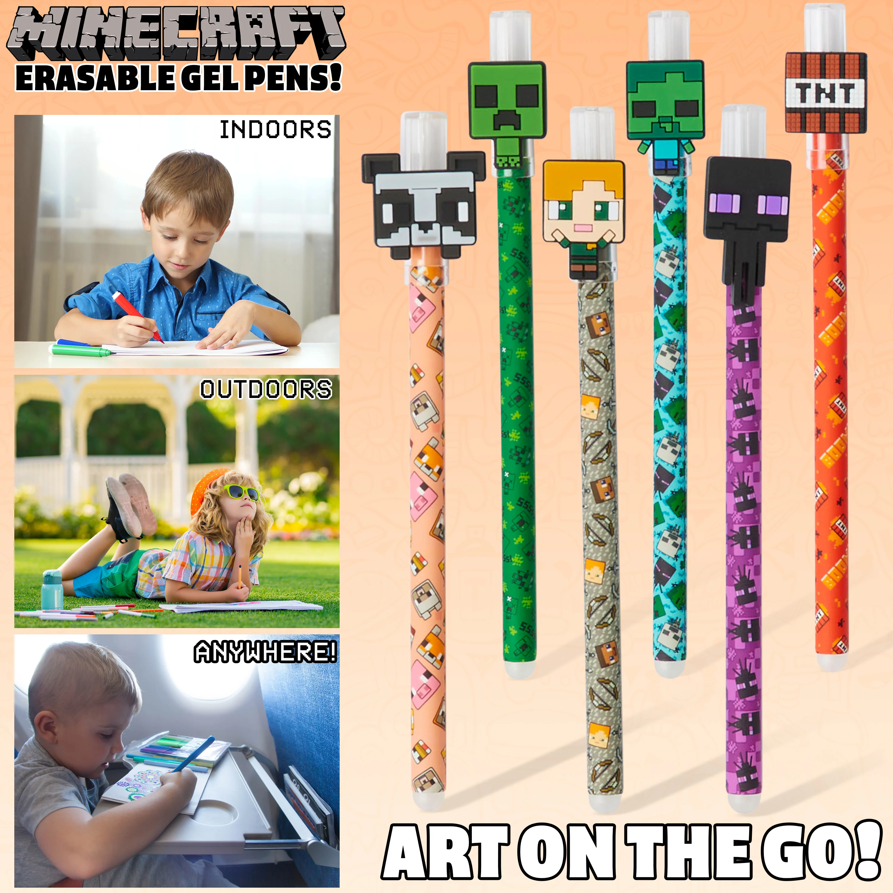 Minecraft Erasable Gel Pens Set, Coloured Pens with Erasers Pack of 6, School Supplies - Image 5
