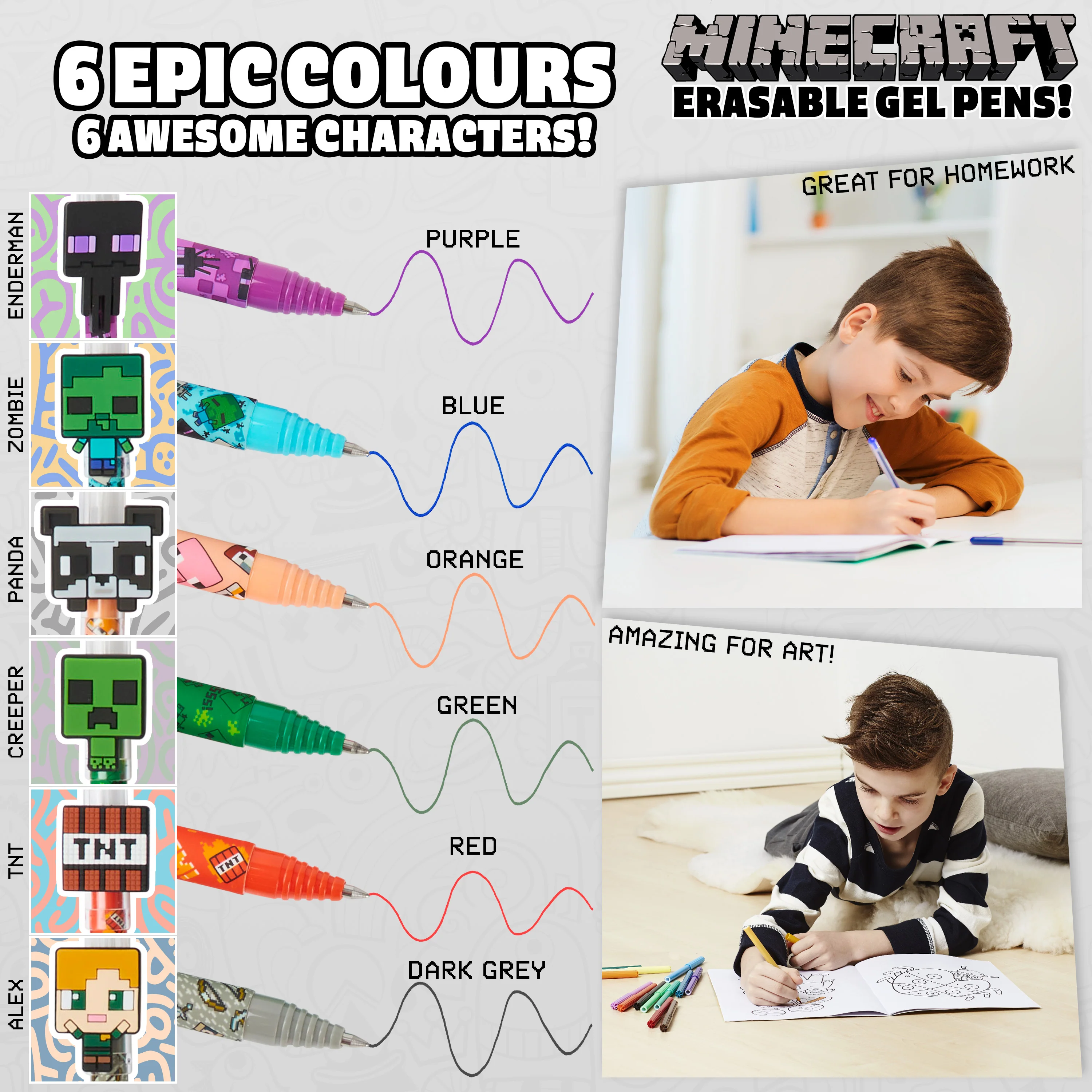 Minecraft Erasable Gel Pens Set, Coloured Pens with Erasers Pack of 6, School Supplies - Gifts for Boys - Image 3