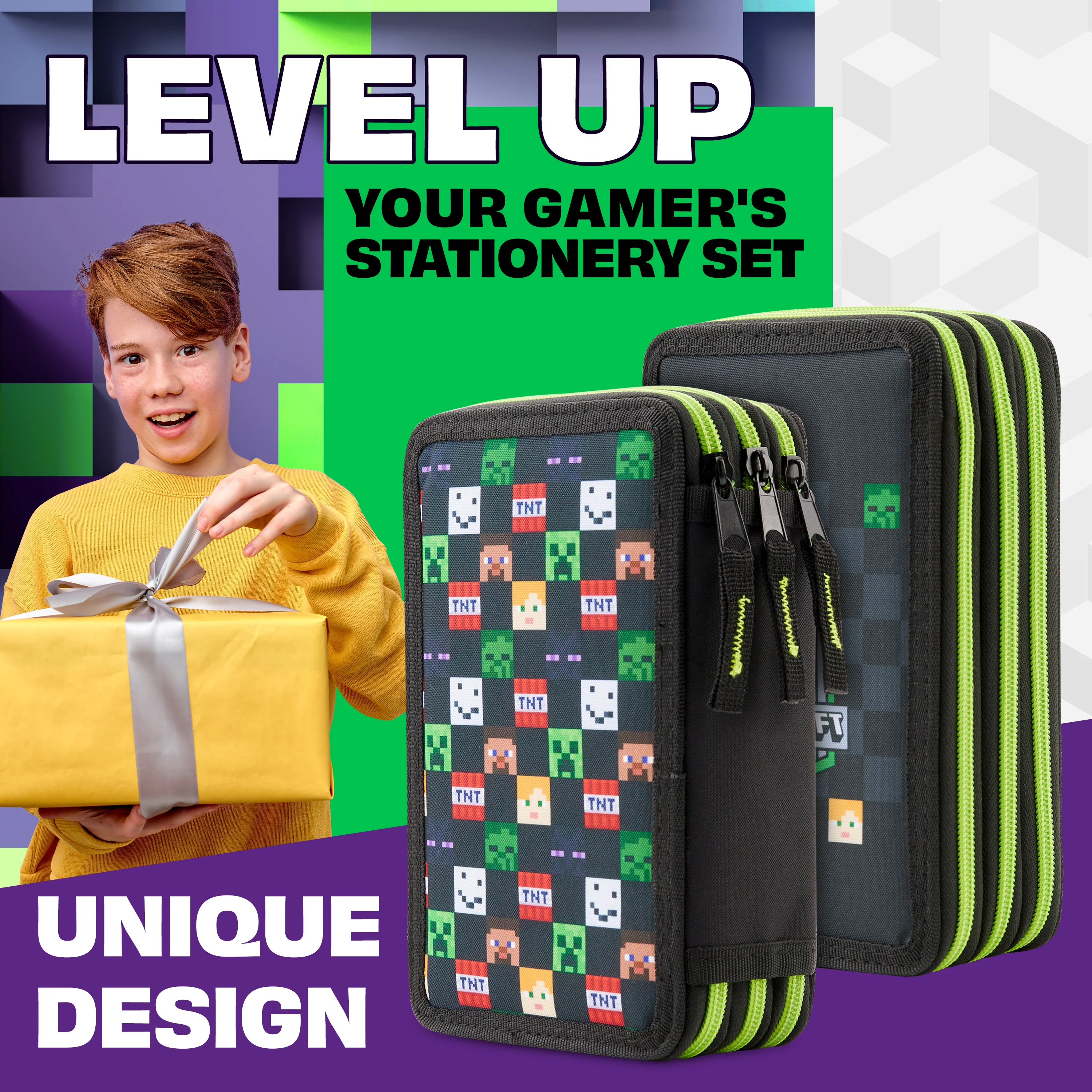 Minecraft Filled Pencil Case for Kids with Multiple Compartments, Stationery Included - School Supplies (Black AOP) - Image 3