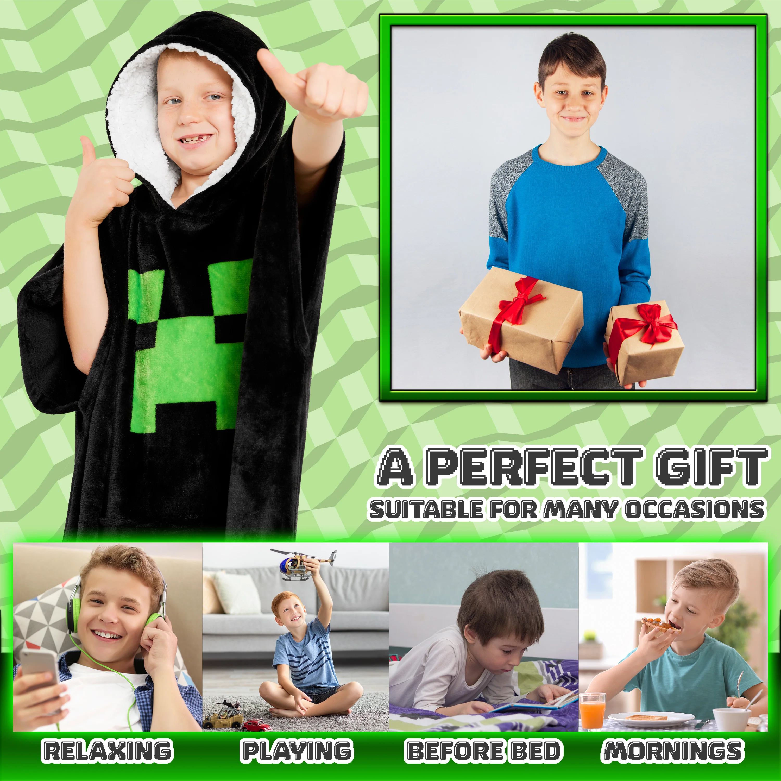 Minecraft Fleece Hoodie Blanket for Kids - Black/Green - Image 3