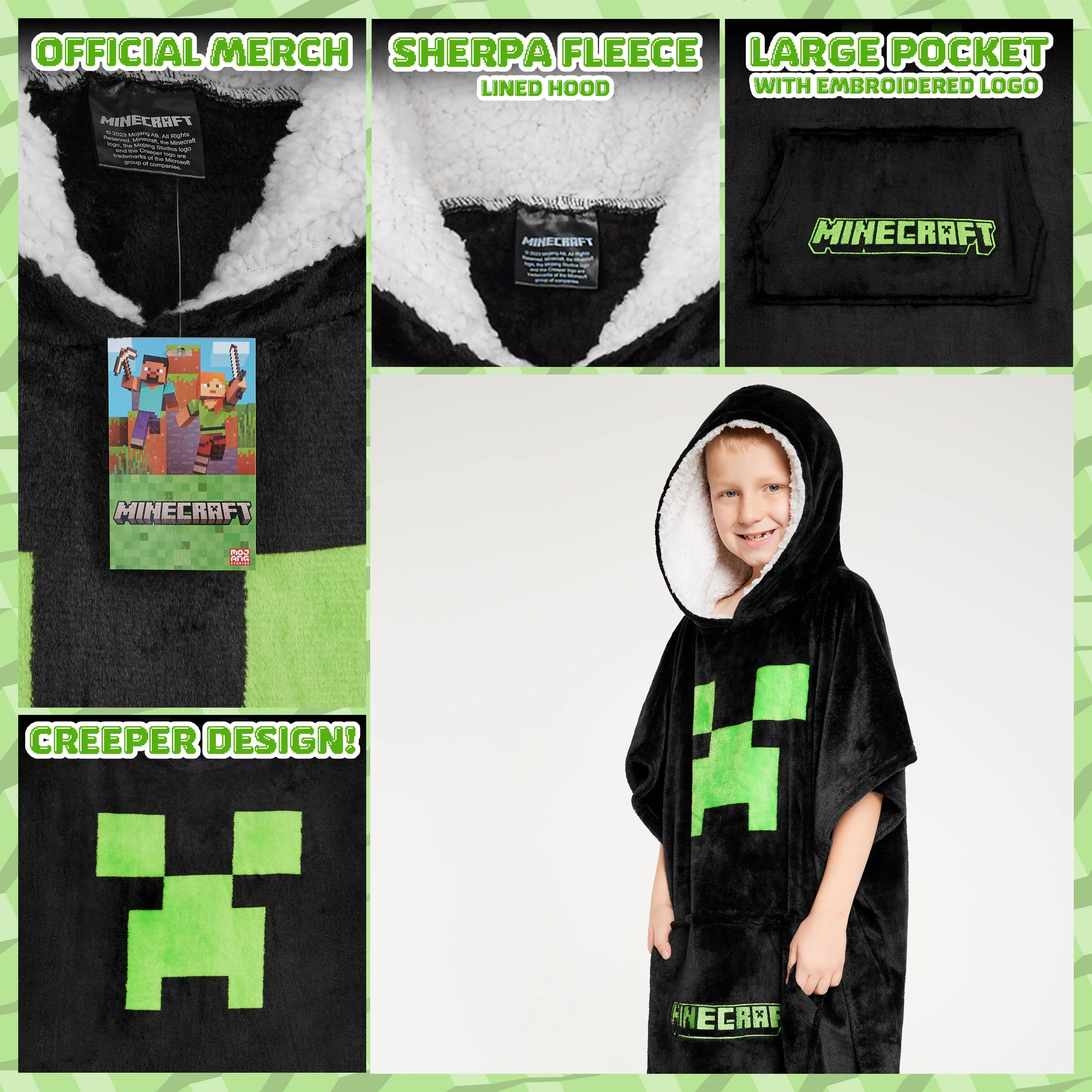 Minecraft Fleece Hoodie Blanket for Kids - Black/Green - Image 4
