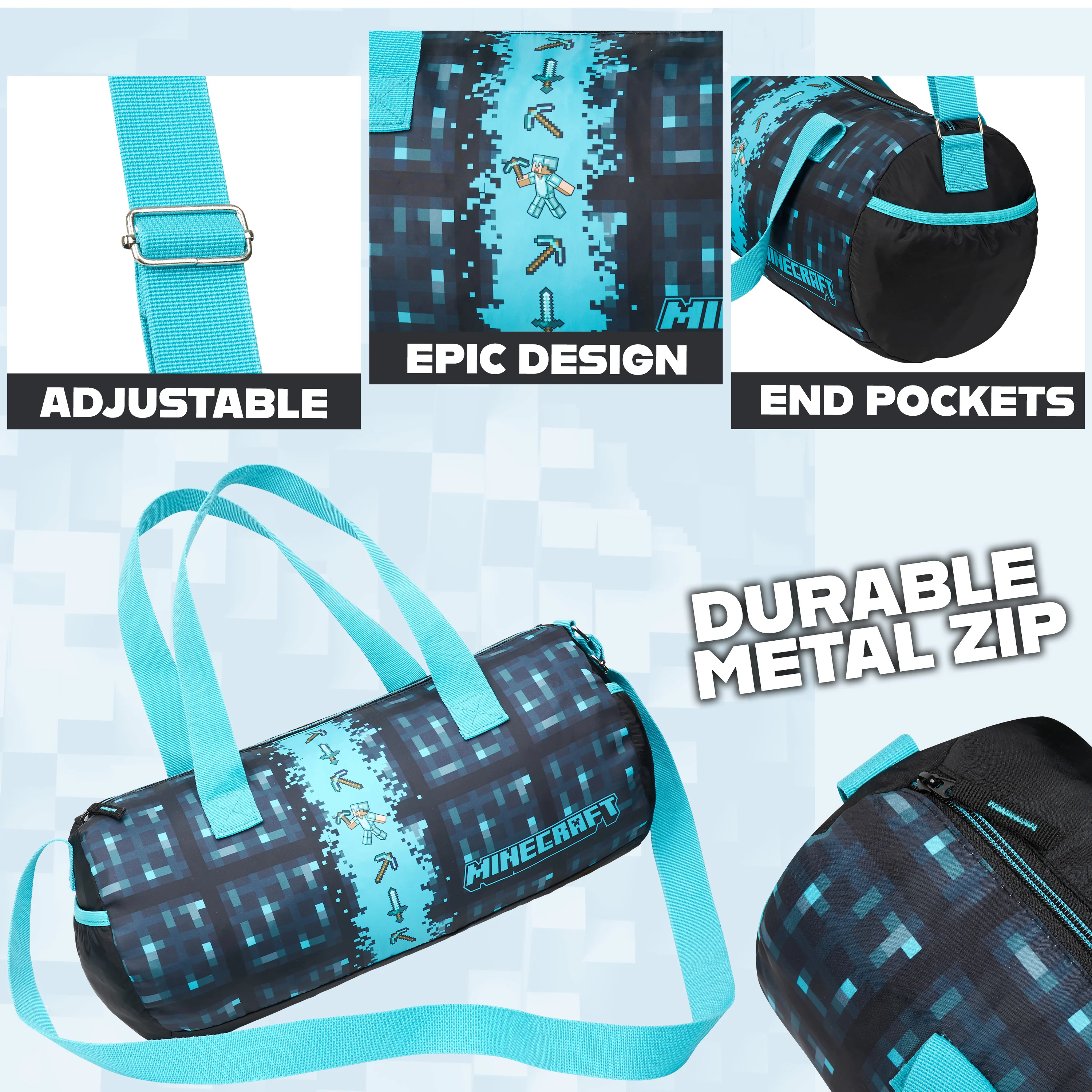 Minecraft Gym Bag for Kids Teens Travel Overnight Sports Duffle Bag Adjustable Strap Kit Bag Large Holdall Gamer Hand Luggage Bag (Blue, 41x19x18cm) - Image 4