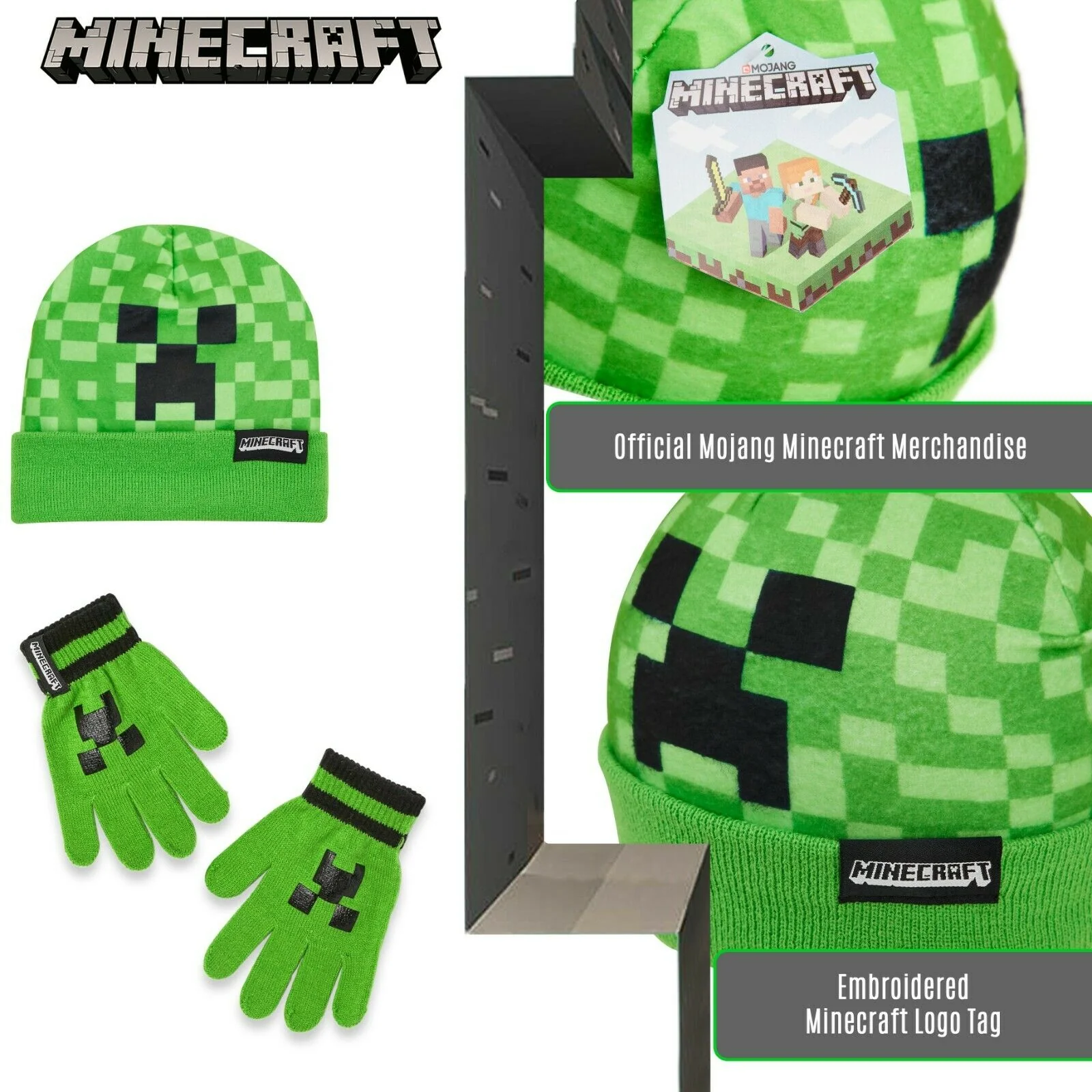Minecraft Beanie Hat or Beanie and Kids Gloves Set - Creeper Kids Winter Set Warm Winter Hat - Gaming Gifts for Boys - Image 3