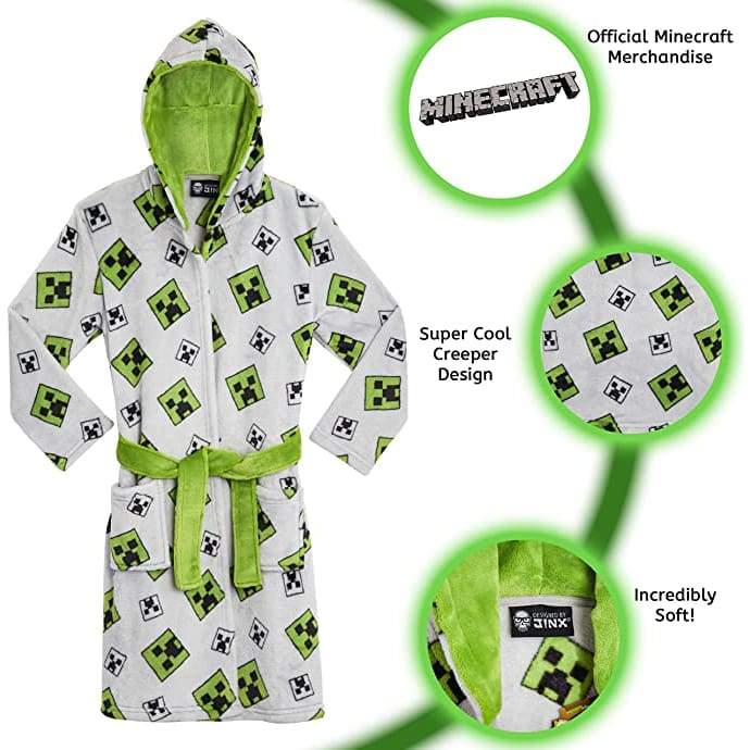 Minecraft Hooded Soft Dressing Gown with Creeper Design for Gamers Boys Girls - Image 5