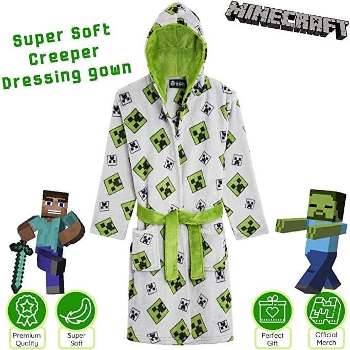 Minecraft Hooded Soft Dressing Gown with Creeper Design for Gamers Boys Girls - Image 7