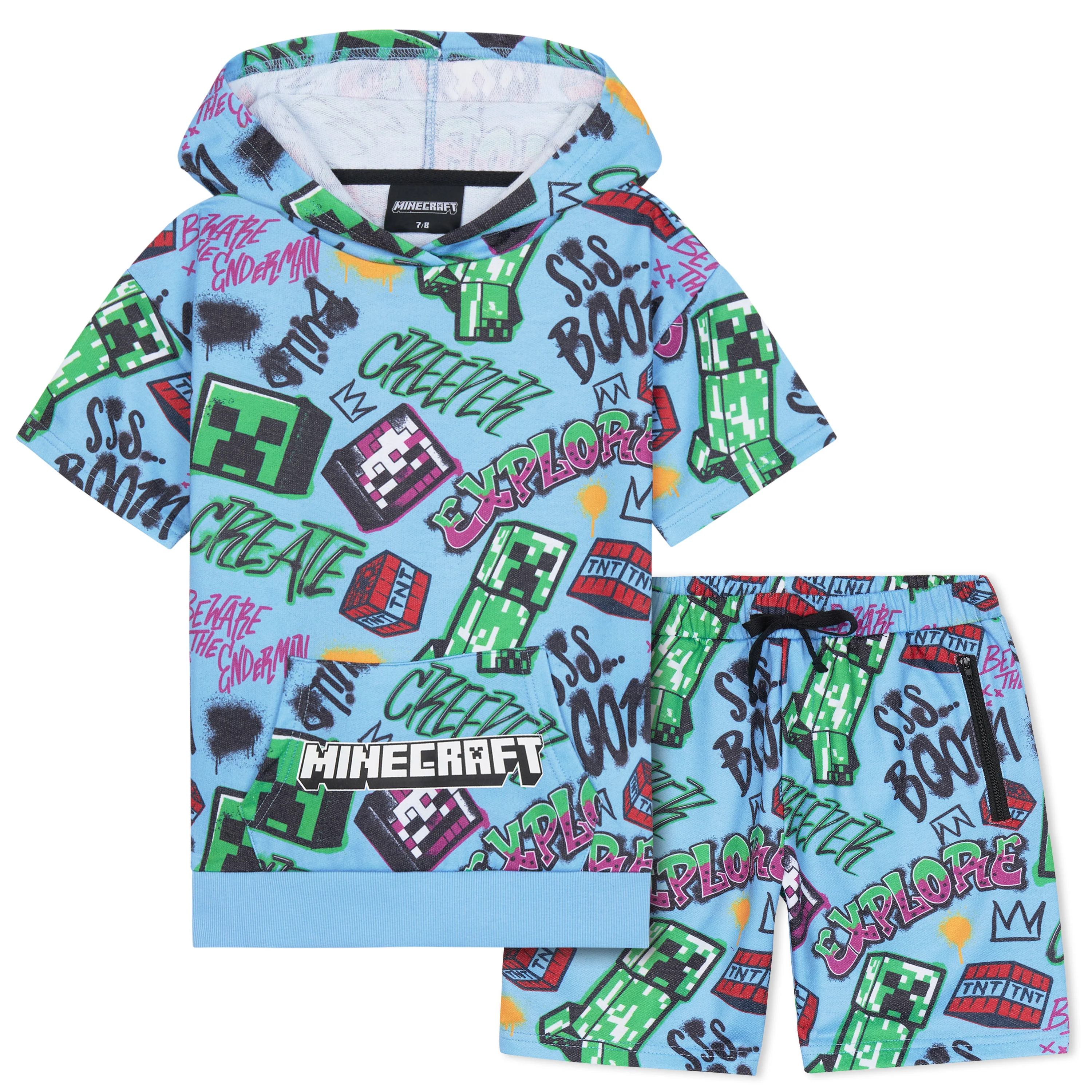 Minecraft Hoodie Shorts Tracksuit Set Boys 2 Pcs Creeper Teenagers Gamer Summer Short Sleeved Hooded Sweatshirt Zipped Pockets Sports Casual Activewear