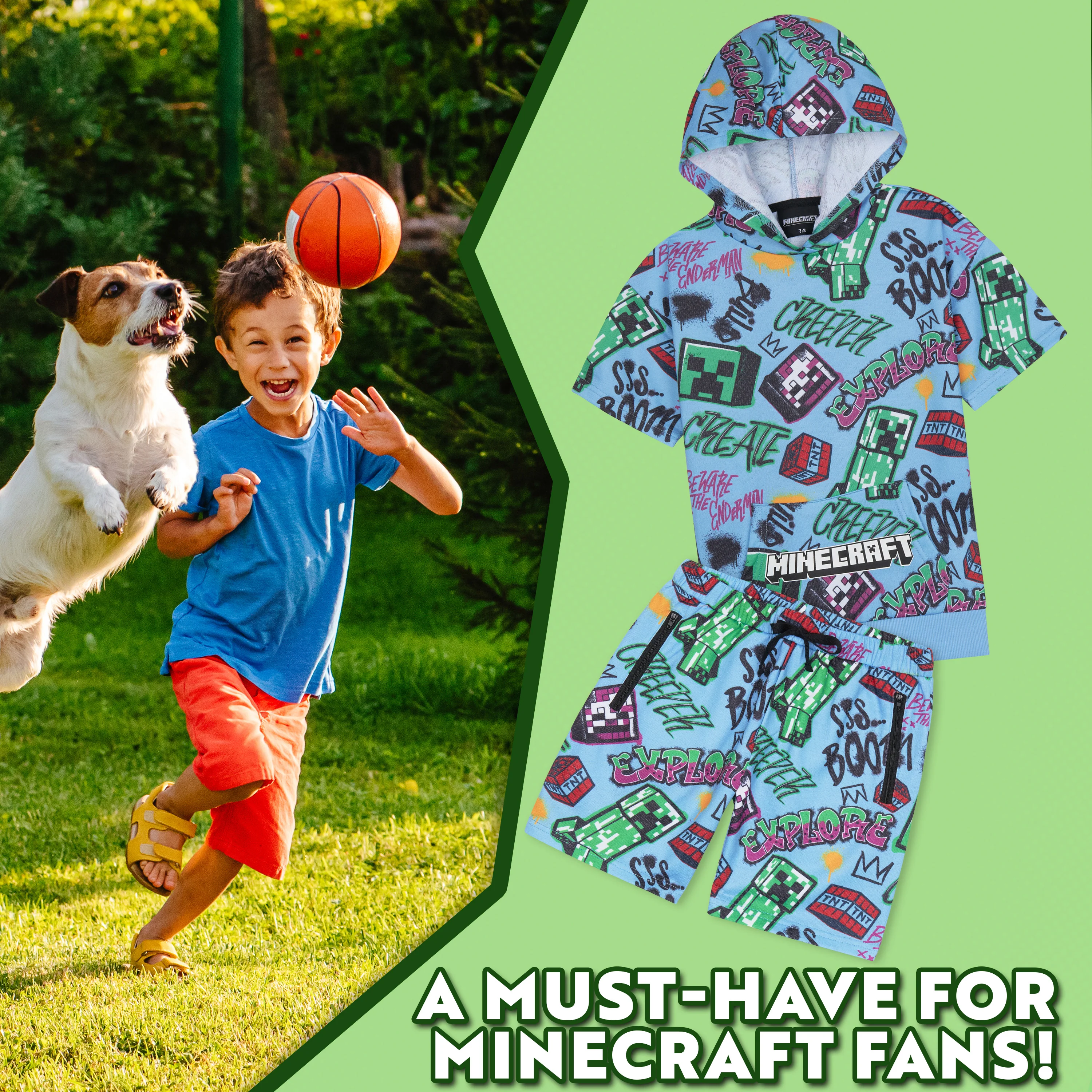 Minecraft Hoodie Shorts Tracksuit Set Boys 2 Pcs Creeper Teenagers Gamer Summer Short Sleeved Hooded Sweatshirt Zipped Pockets Sports Casual Activewear - Image 2