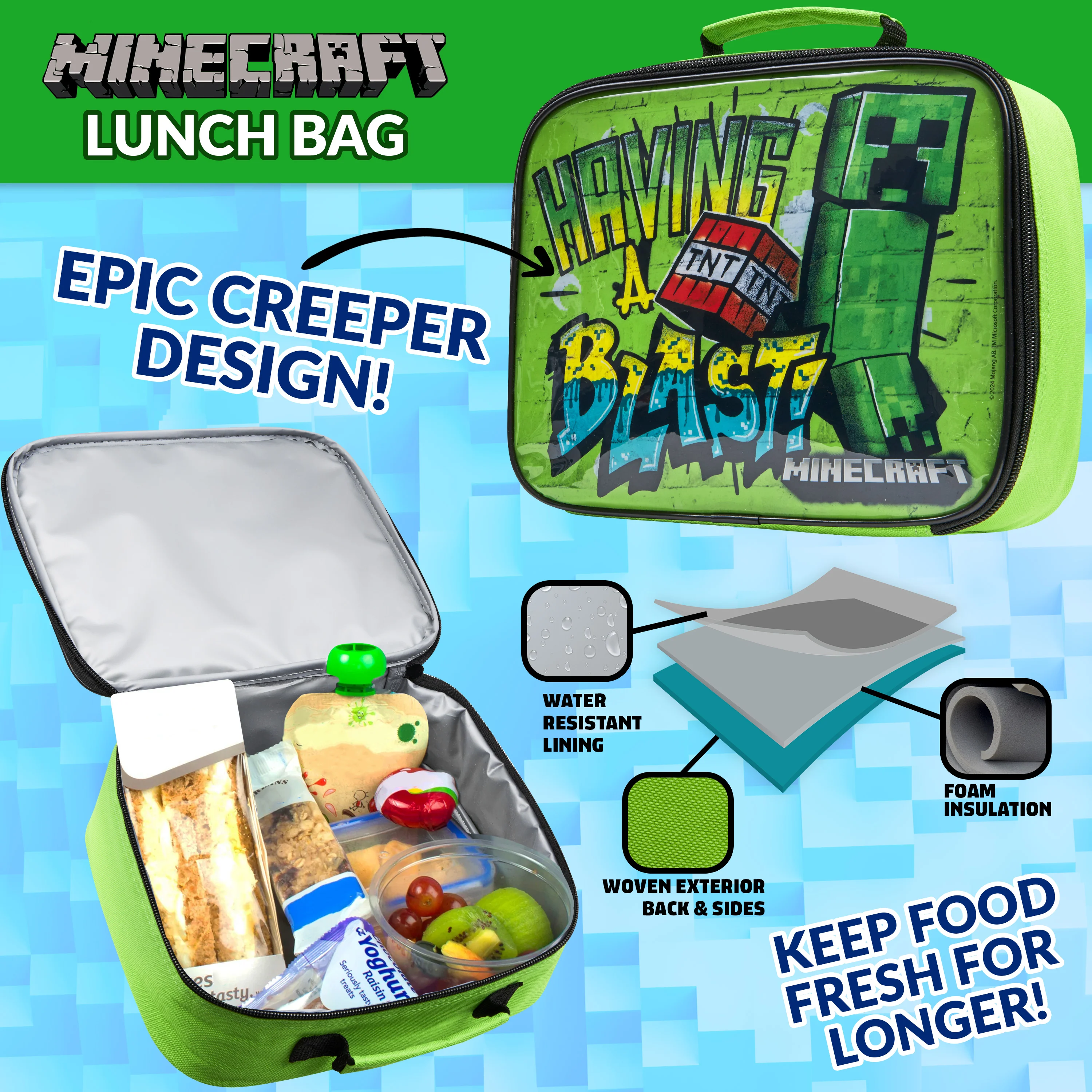 Minecraft Insulated Kids Lunch Bag Lunch Box and Kids Water Bottle 420ml, 3 Piece Set - Image 3