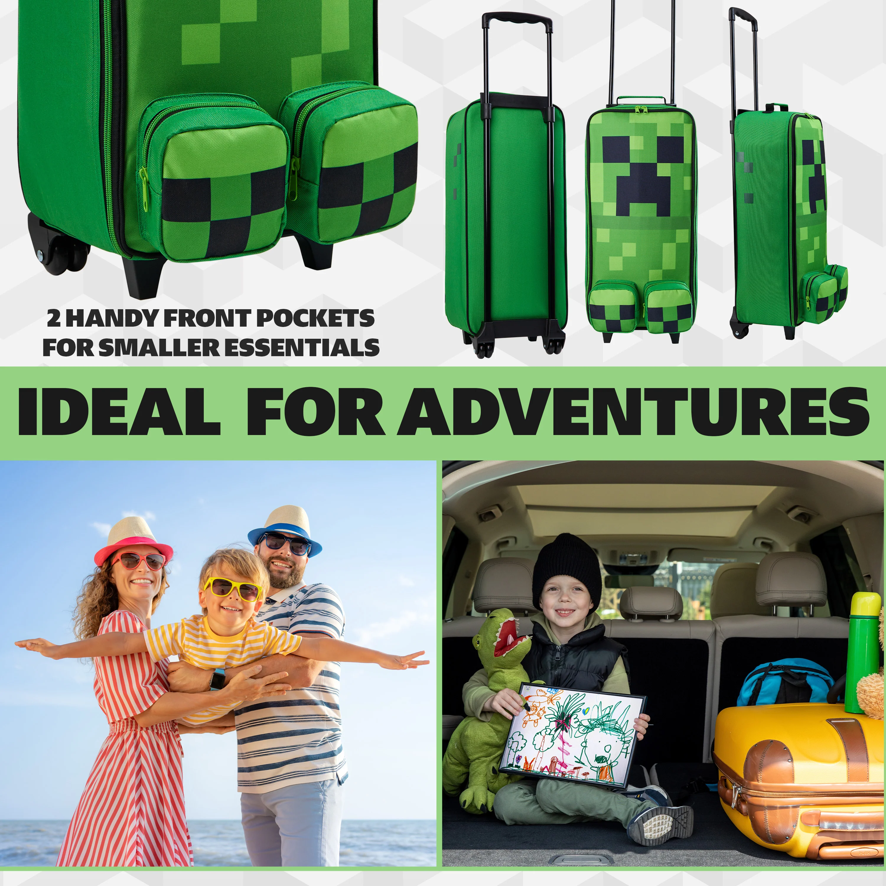 Minecraft Kids Foldable Trolley Bag, 64 x 17 x 25cm, 24.2L Capacity, 4 Wheels - Gamer Travel Essentials - Image 5