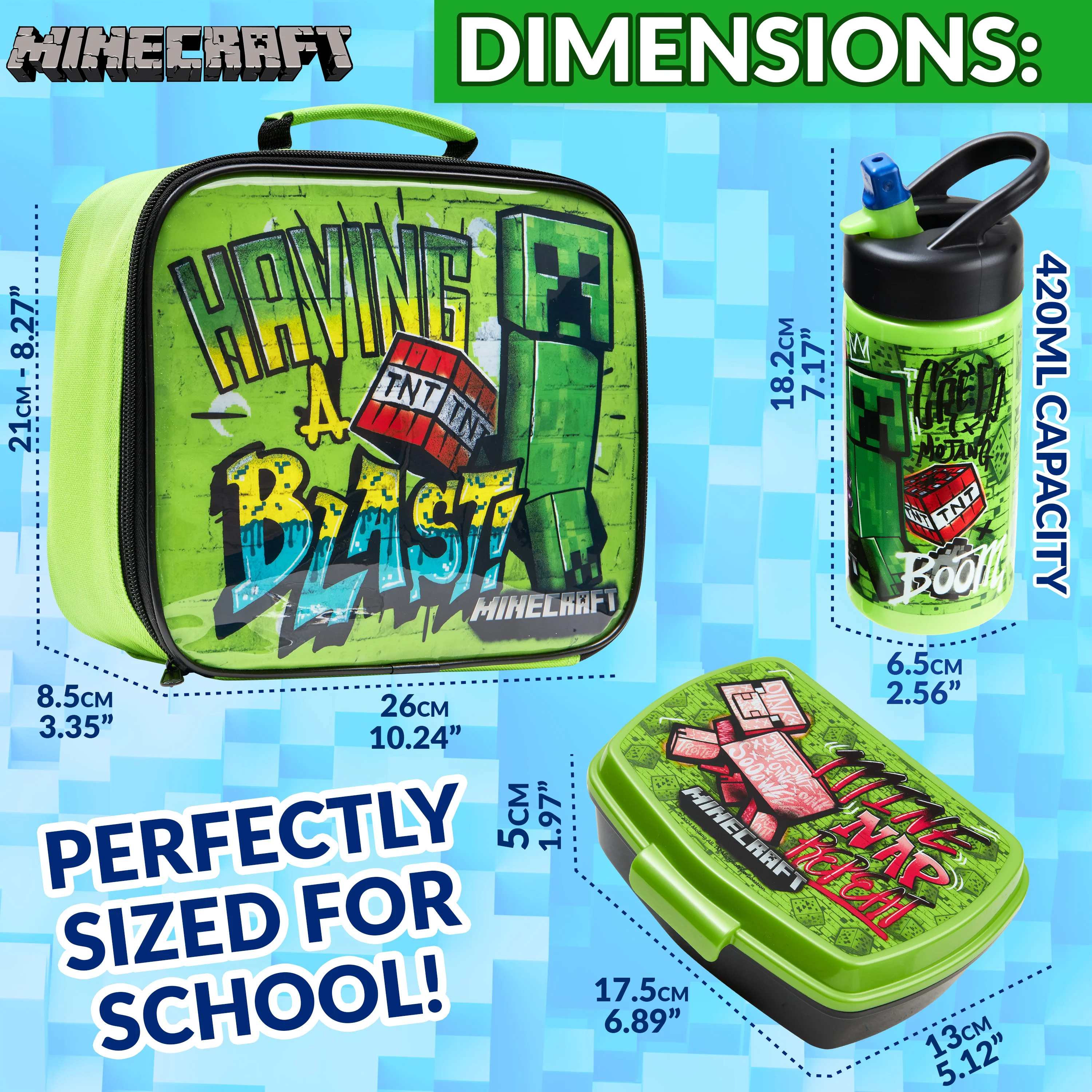 Minecraft Kids Insulated Lunch Bag, Box and Bottle, 3 Piece Set - Gamer Gifts - Image 2