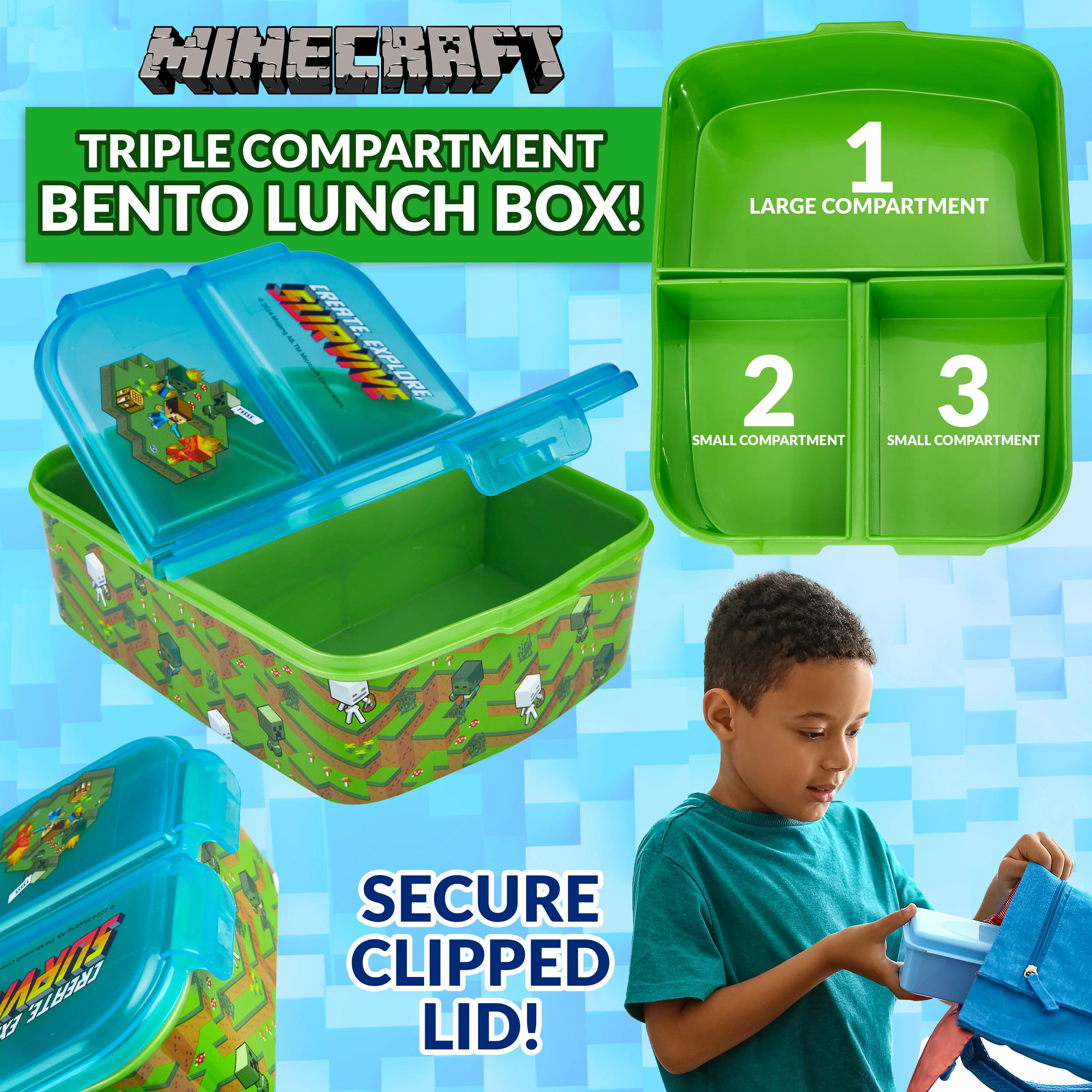 Minecraft Kids Lunchbox with Compartments & Water Bottle for School or Days Out - Image 3