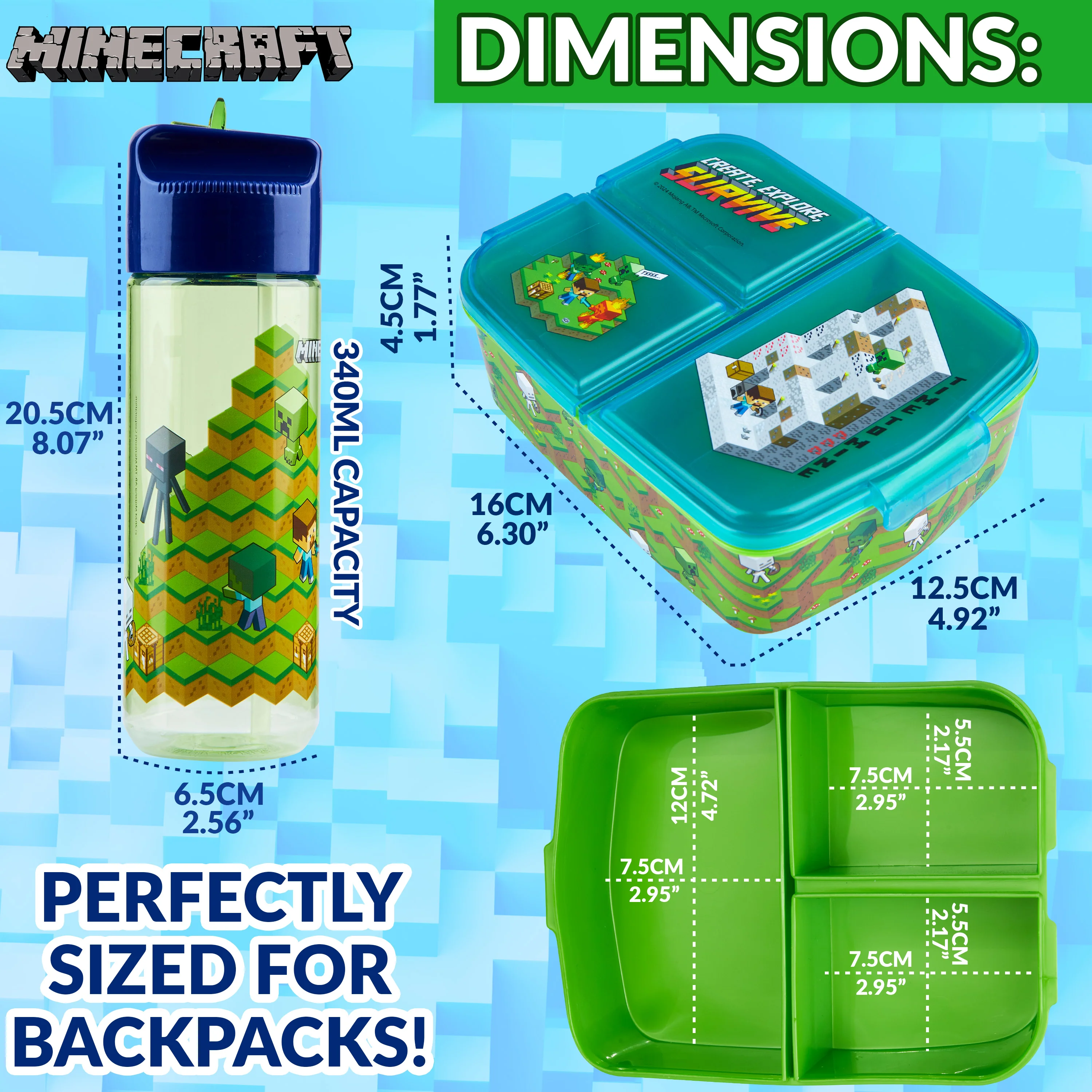 Minecraft Kids Lunchbox with Compartments & Water Bottle for School or Days Out - Image 6
