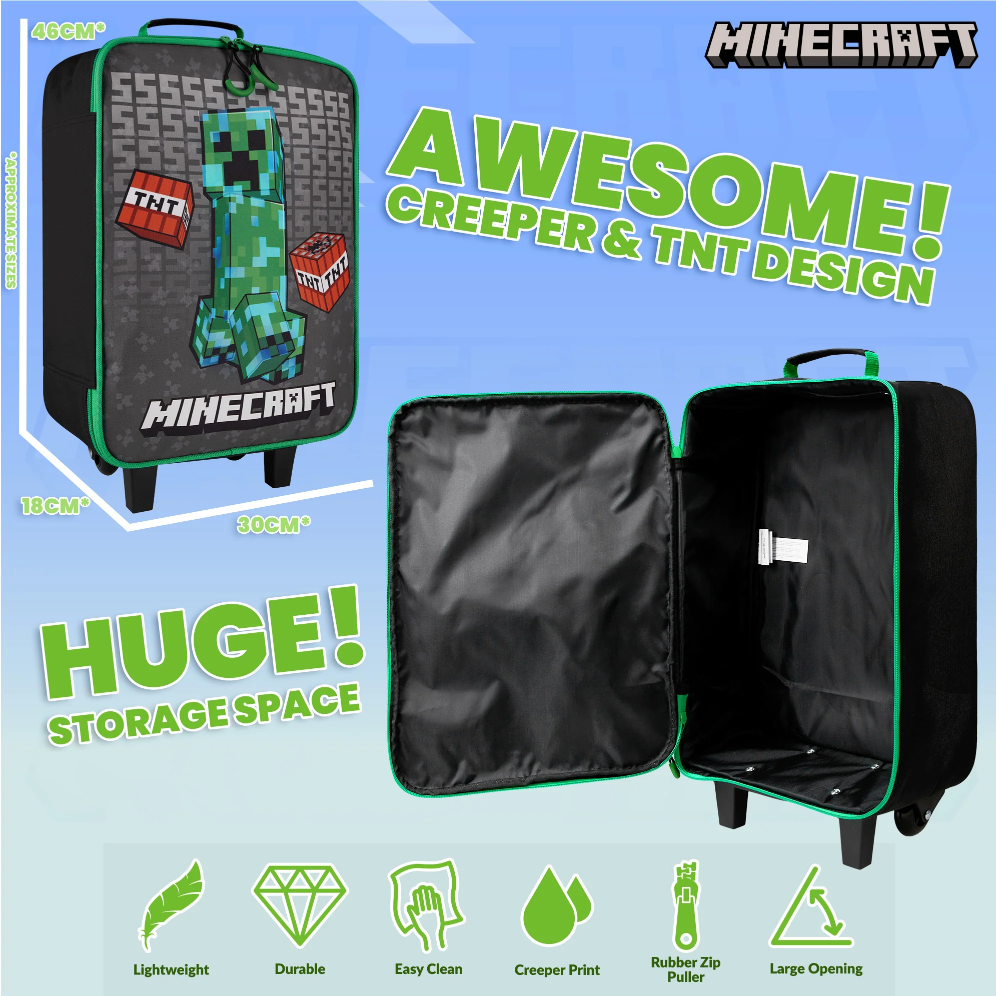 Minecraft Kids Suitcase for Boys and Girls Foldable Trolley Hand Luggage Bag Carry On Gamer Travel Bag with Wheels Size Cabin Bag Wheeled Bag with Handle Trolley Suitcase Boys - Image 4