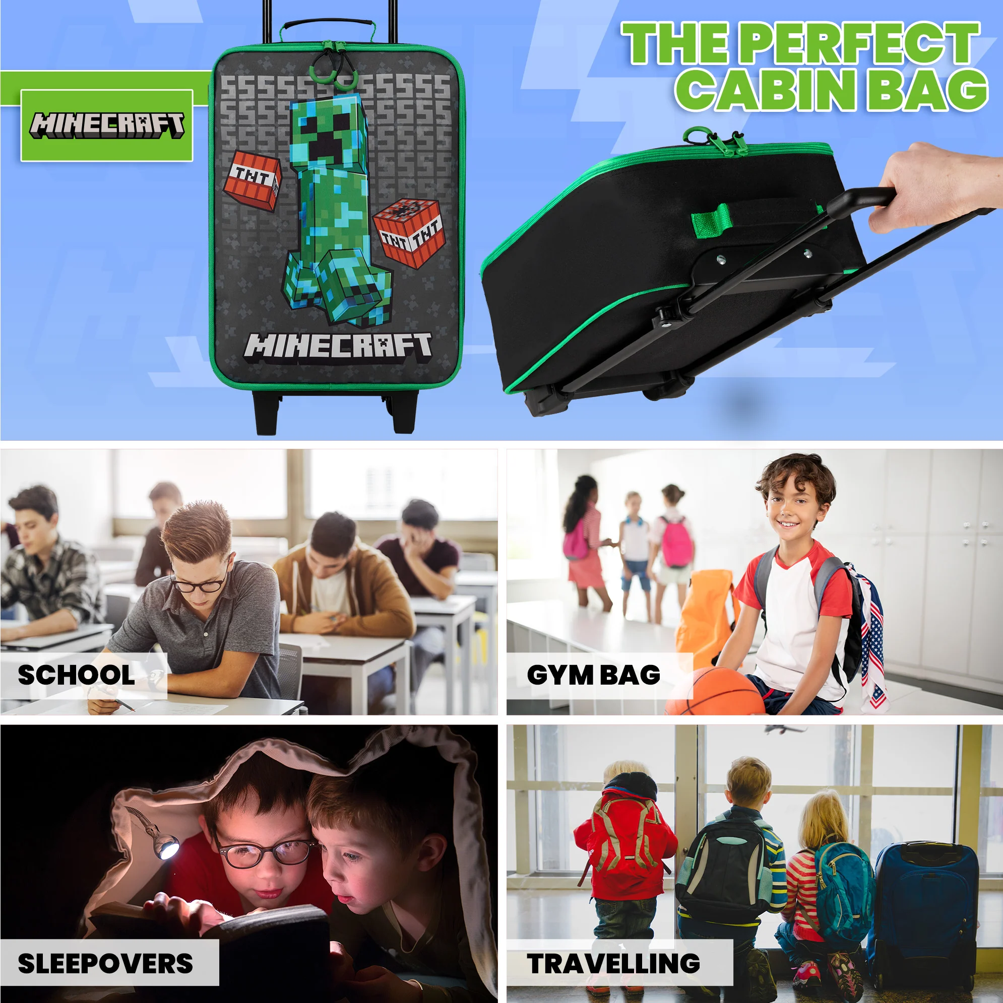 Minecraft Kids Suitcase for Boys and Girls Foldable Trolley Hand Luggage Bag Carry On Gamer Travel Bag with Wheels Size Cabin Bag Wheeled Bag with Handle Trolley Suitcase Boys - Image 5