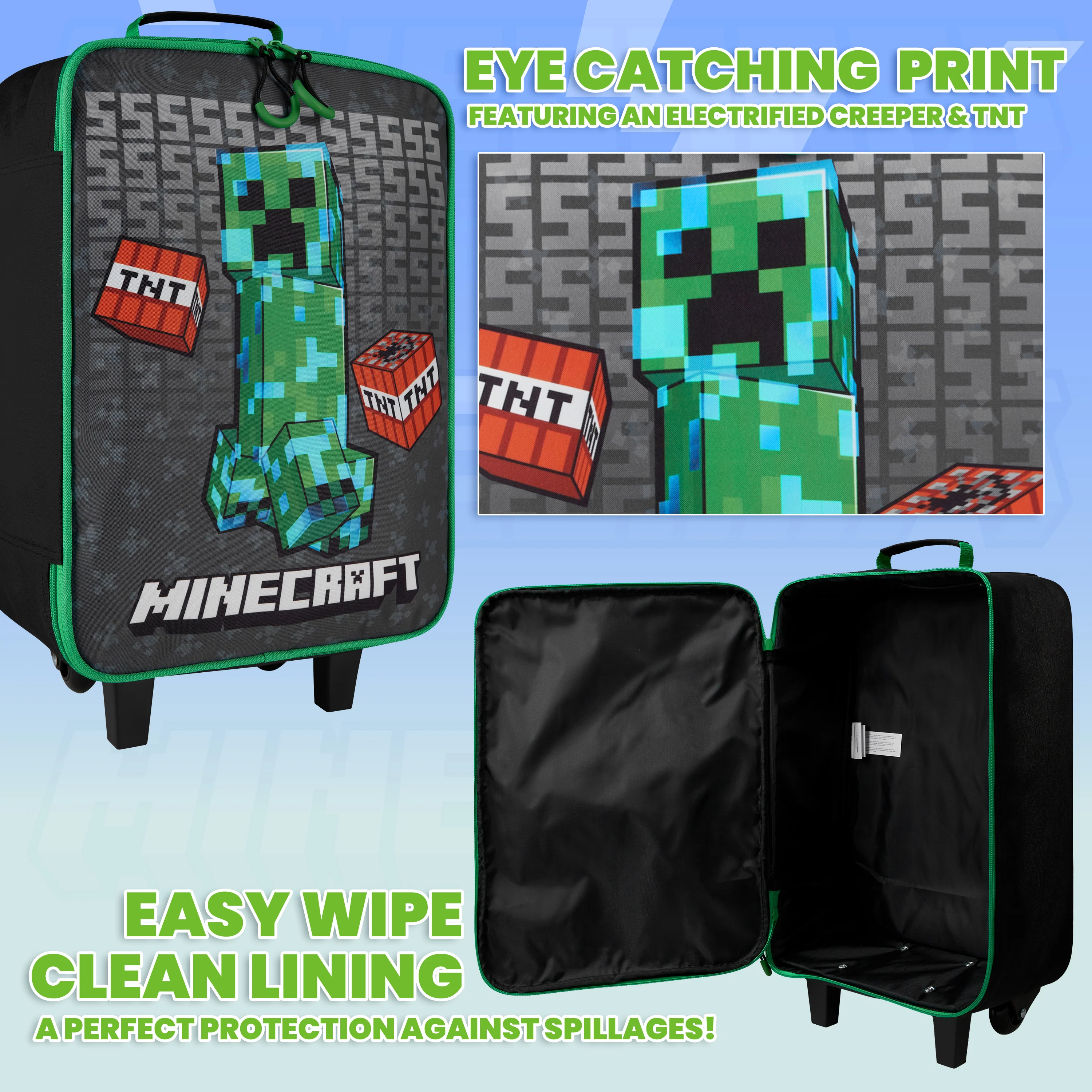 Minecraft Kids Suitcase for Boys and Girls Foldable Trolley Hand Luggage Bag Carry On Gamer Travel Bag with Wheels Size Cabin Bag Wheeled Bag with Handle Trolley Suitcase Boys - Image 6