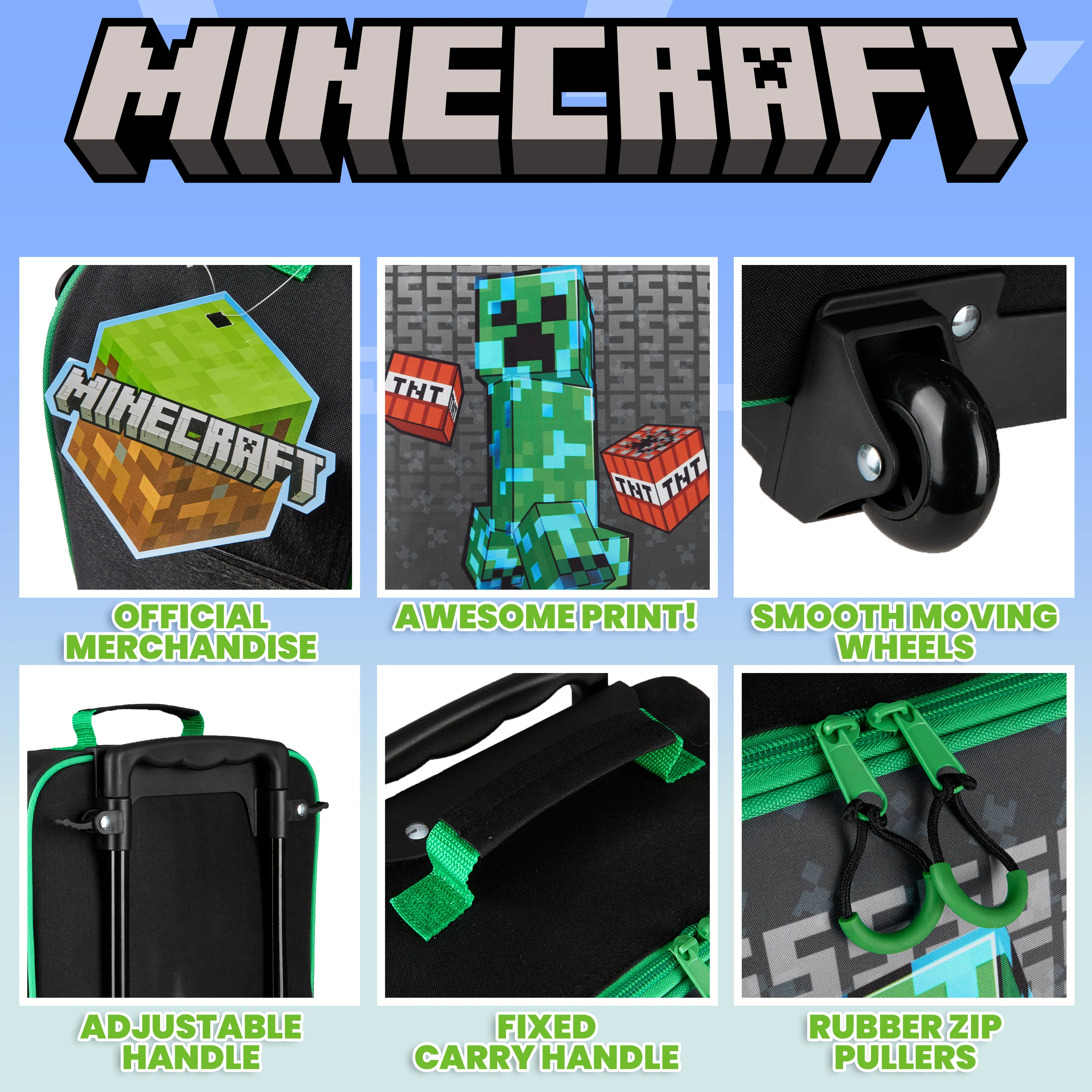 Minecraft Kids Suitcase for Boys and Girls Foldable Trolley Hand Luggage Bag Carry On Gamer Travel Bag with Wheels Size Cabin Bag Wheeled Bag with Handle Trolley Suitcase Boys - Image 7