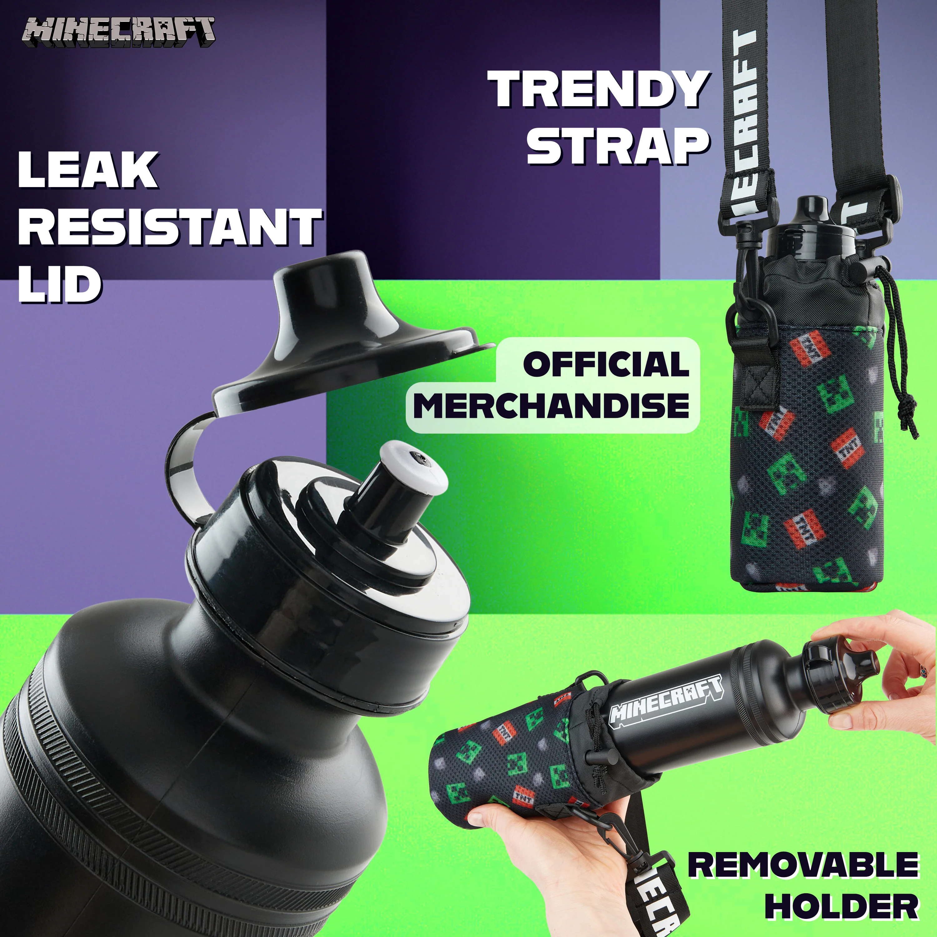 Minecraft Kids Water Bottles with Adjustable Strap & Bottle Holder 550ml - Image 4