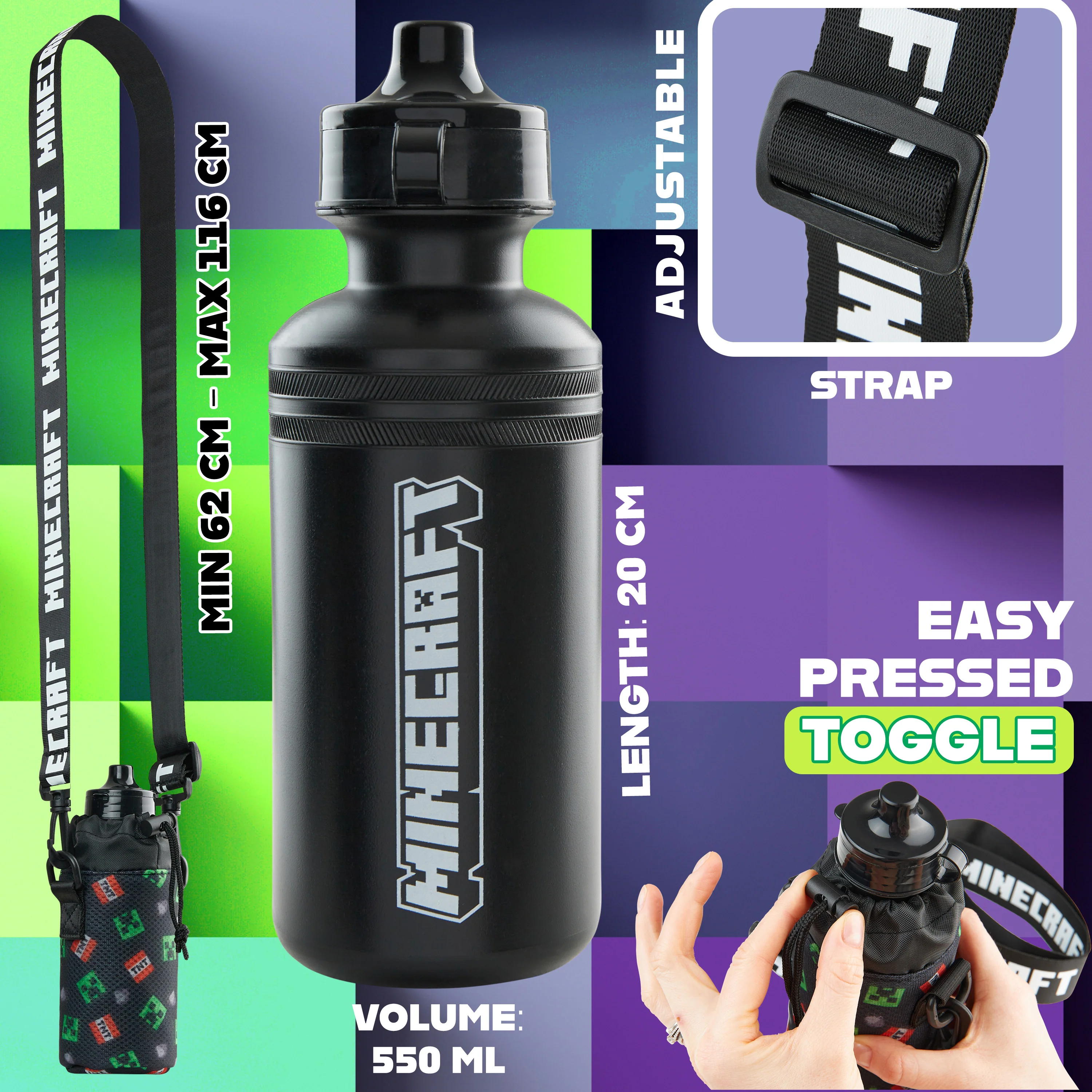 Minecraft Kids Water Bottles with Adjustable Strap & Bottle Holder 550ml - Image 6