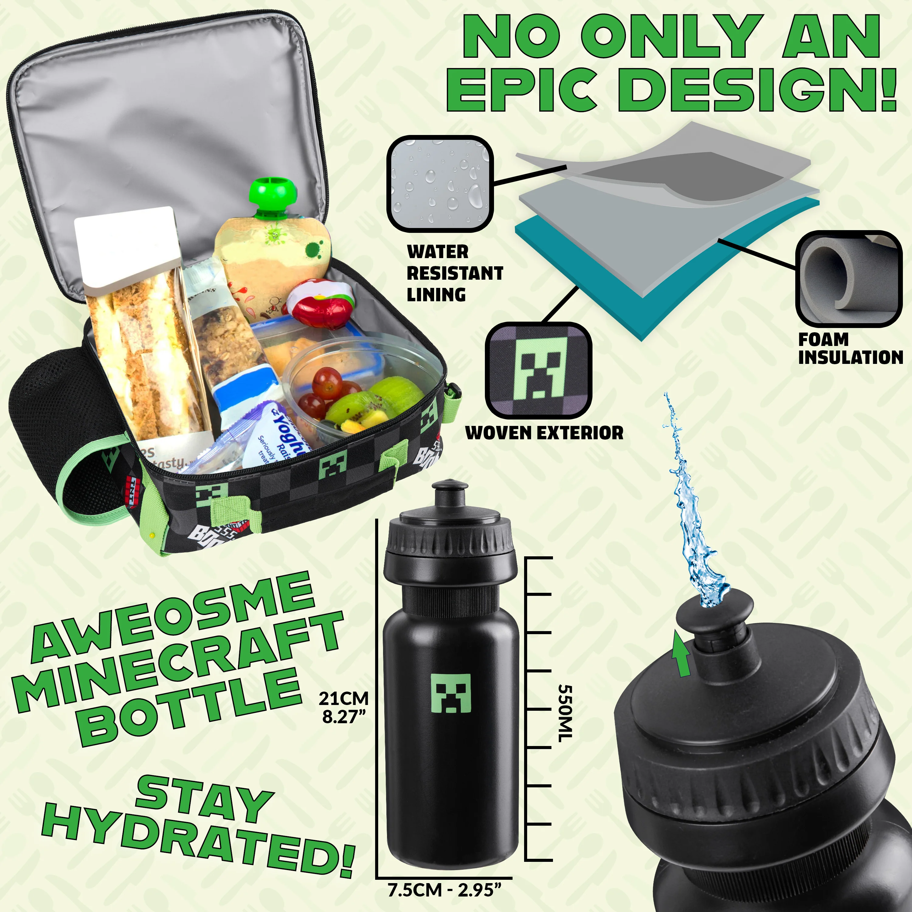 Minecraft Lunch Bag for Kids Insulated Lunch Box Creeper Snacks Food Carrier Options with Water Bottle for School Travel Picnic Cooler Bag (Black/Green) - Image 4