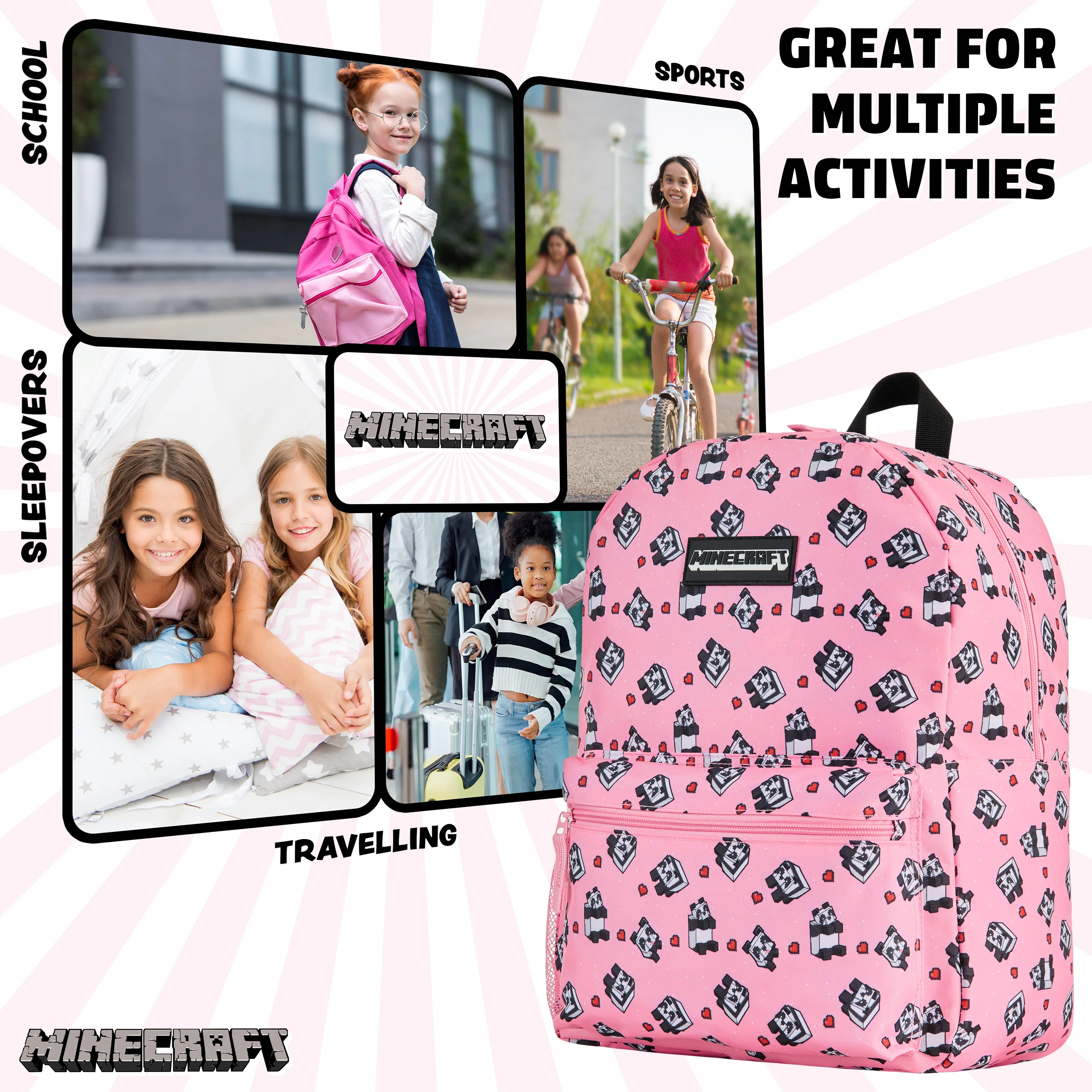 Minecraft School Bag Boys and Girls, Kids Backpack (Pink) - Image 5