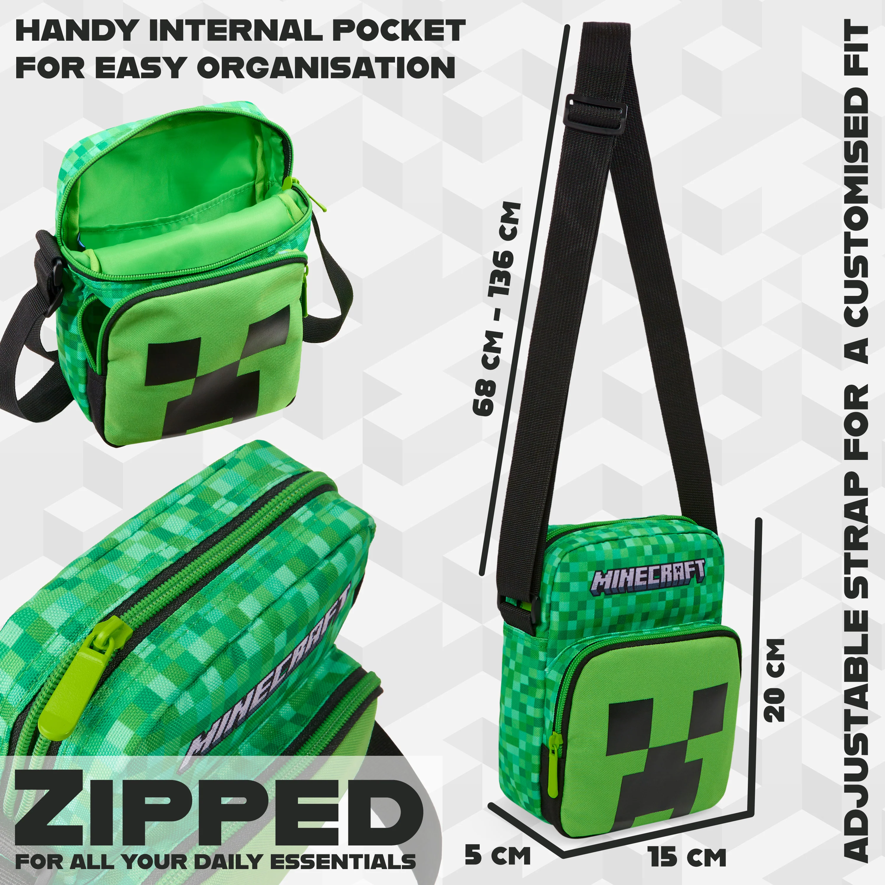 Minecraft Shoulder Bag for Kids & Teenagers, Creeper Sling Bag With Adjustable Strap, Travel & Holiday Essentials, Gamer Gifts for Boys - Image 6