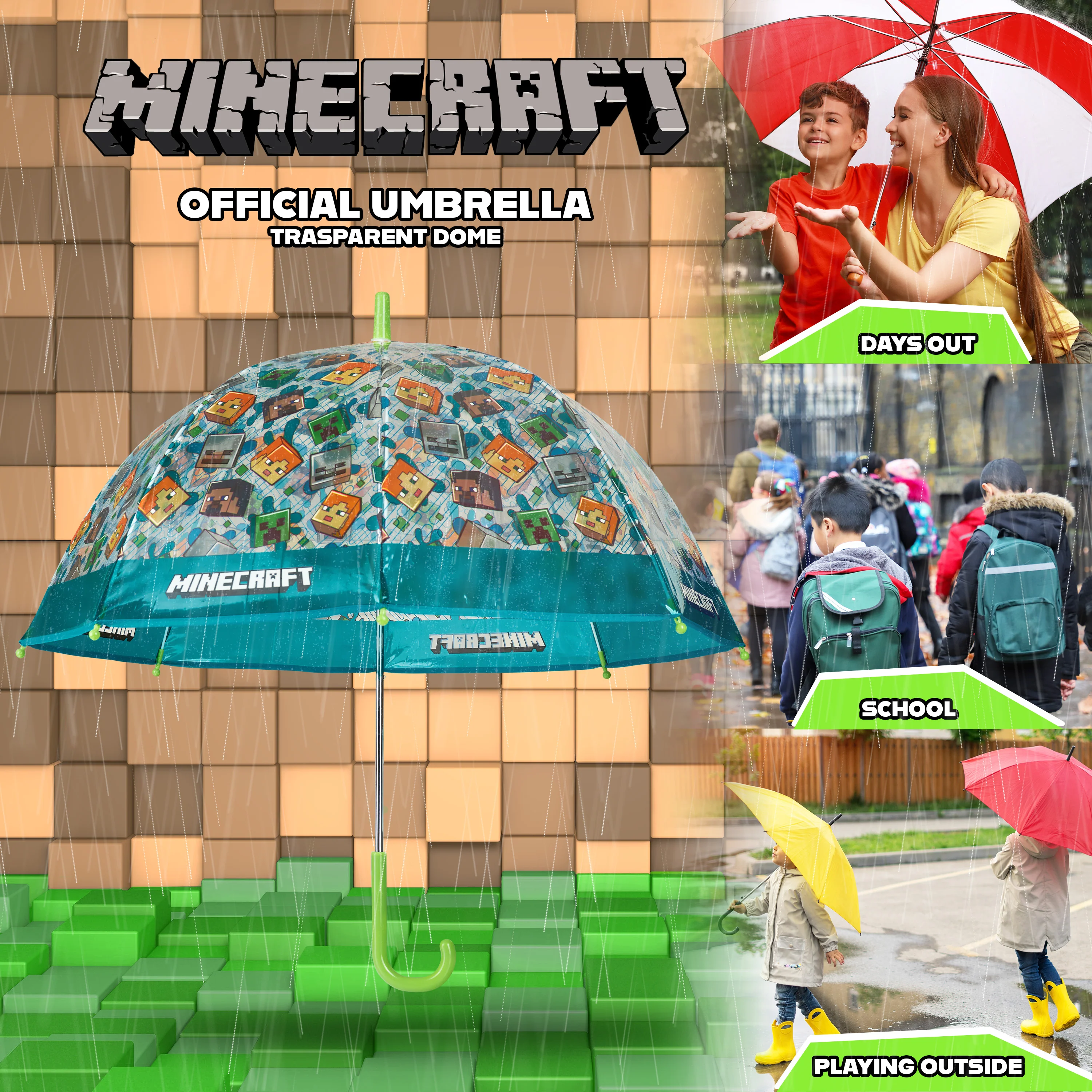 Minecraft Stick Umbrella for Kids, Transparent Clear Dome with J-Shaped Handle - Image 4
