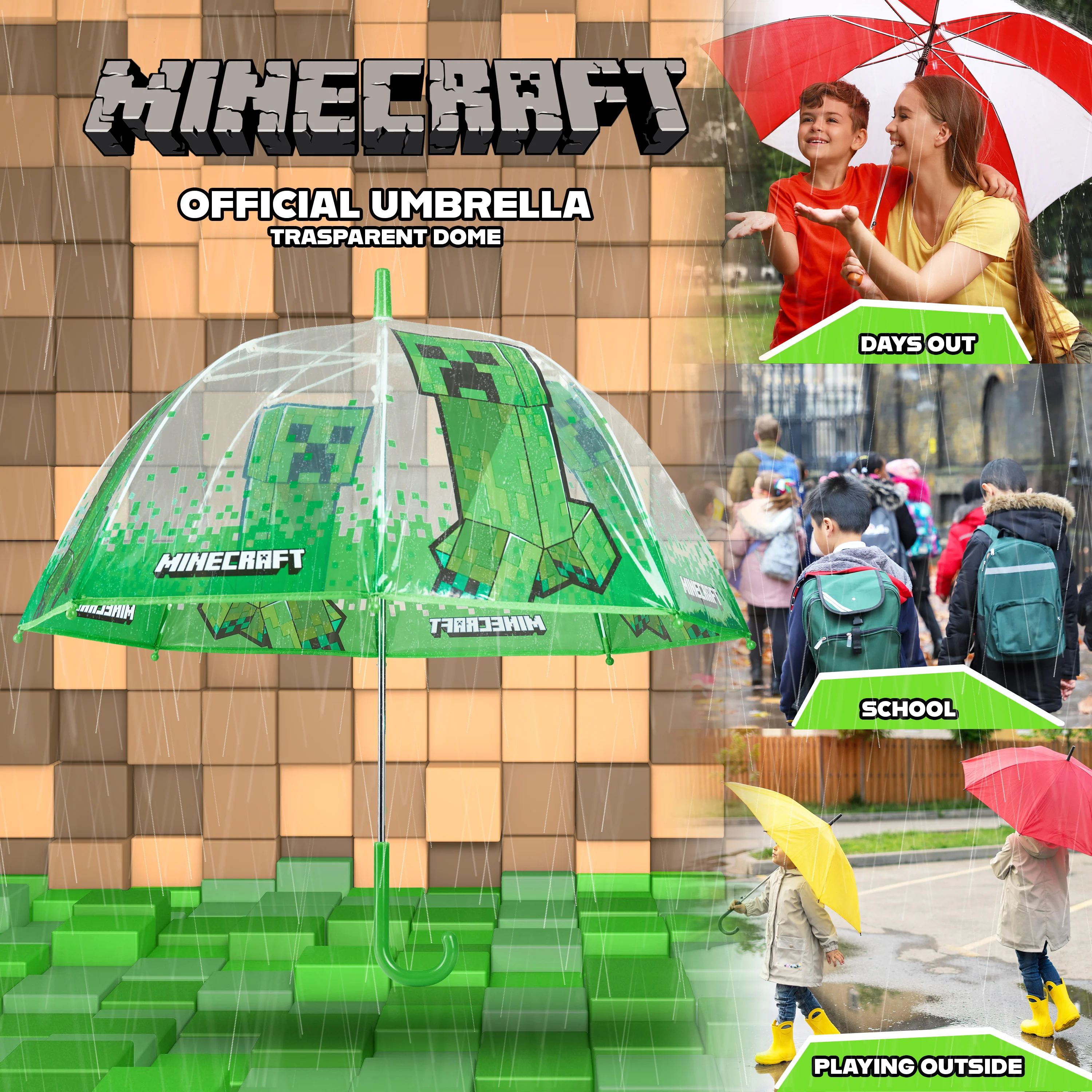 Minecraft Stick Umbrella for Kids, Transparent Clear Dome with J-Shaped Handle - Image 3