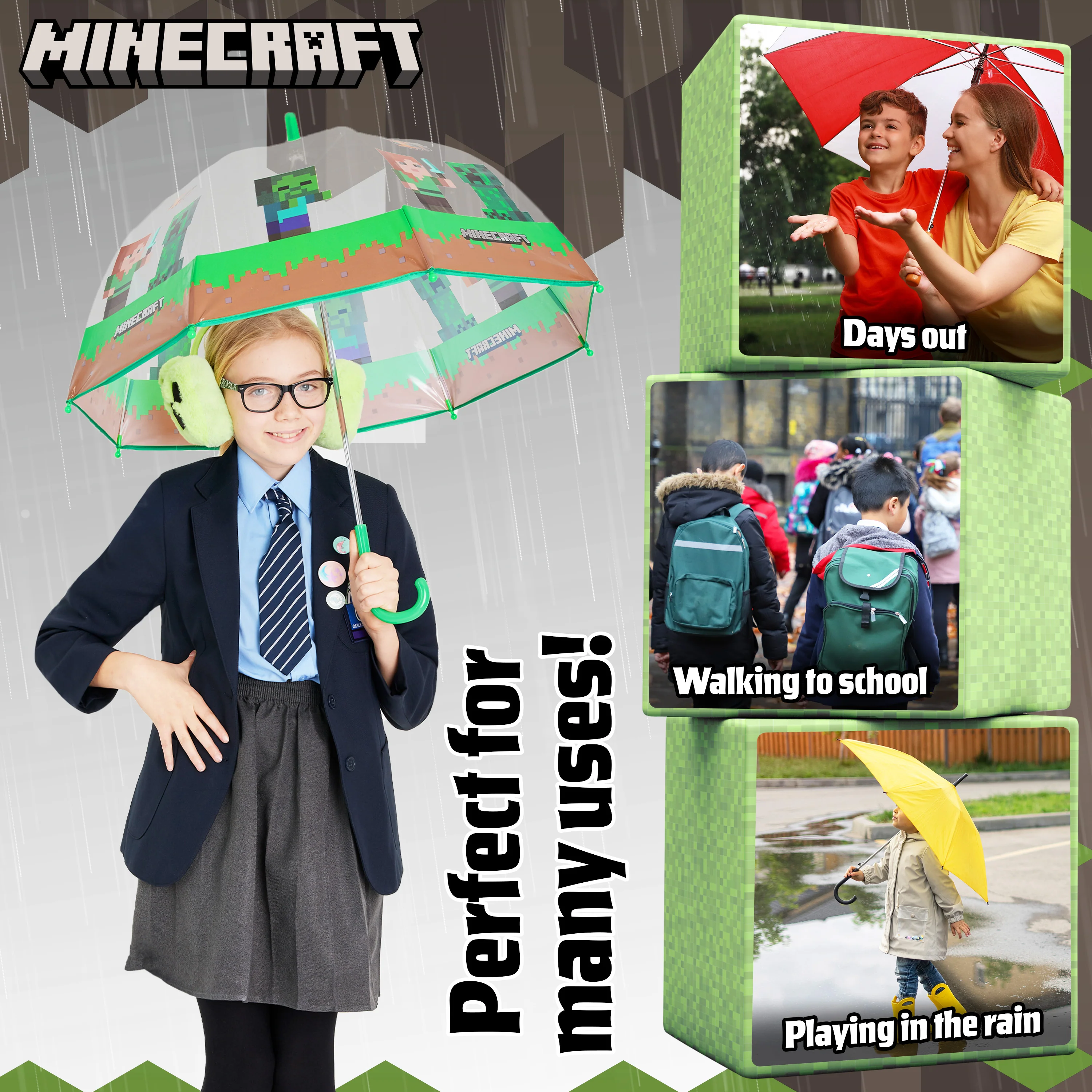 Minecraft Stick Umbrella for Kids, Transparent Clear Dome with J-Shaped Handle - Image 2