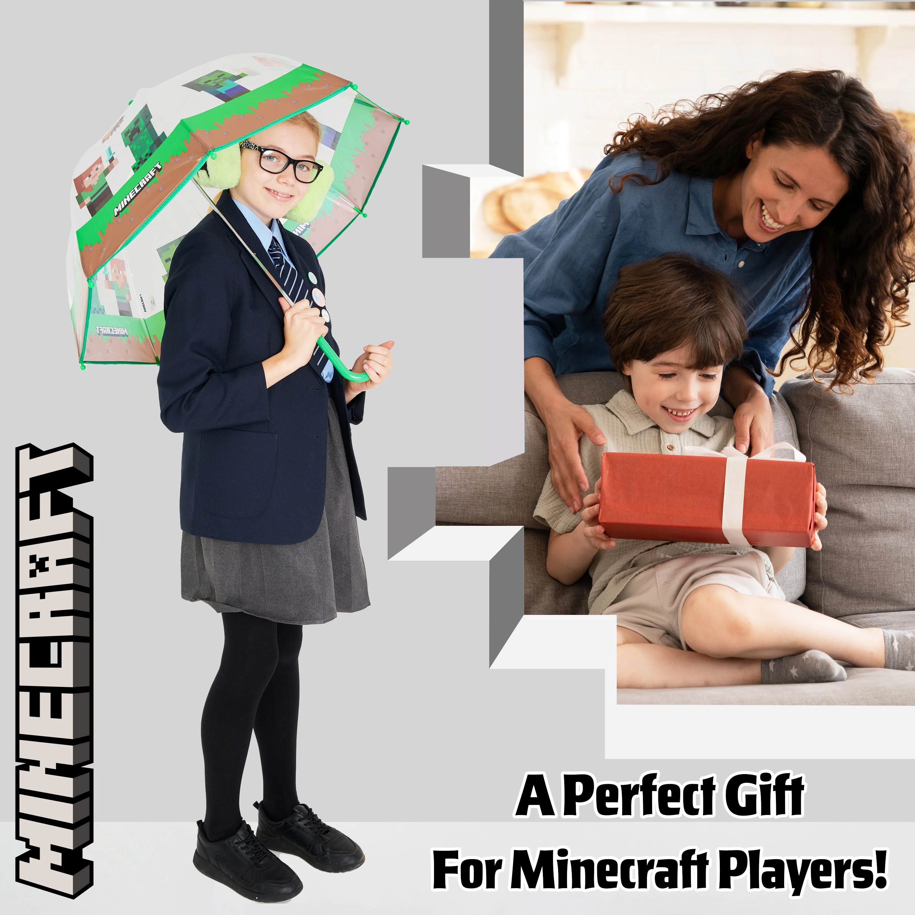 Minecraft Stick Umbrella for Kids, Transparent Clear Dome with J-Shaped Handle - Image 3