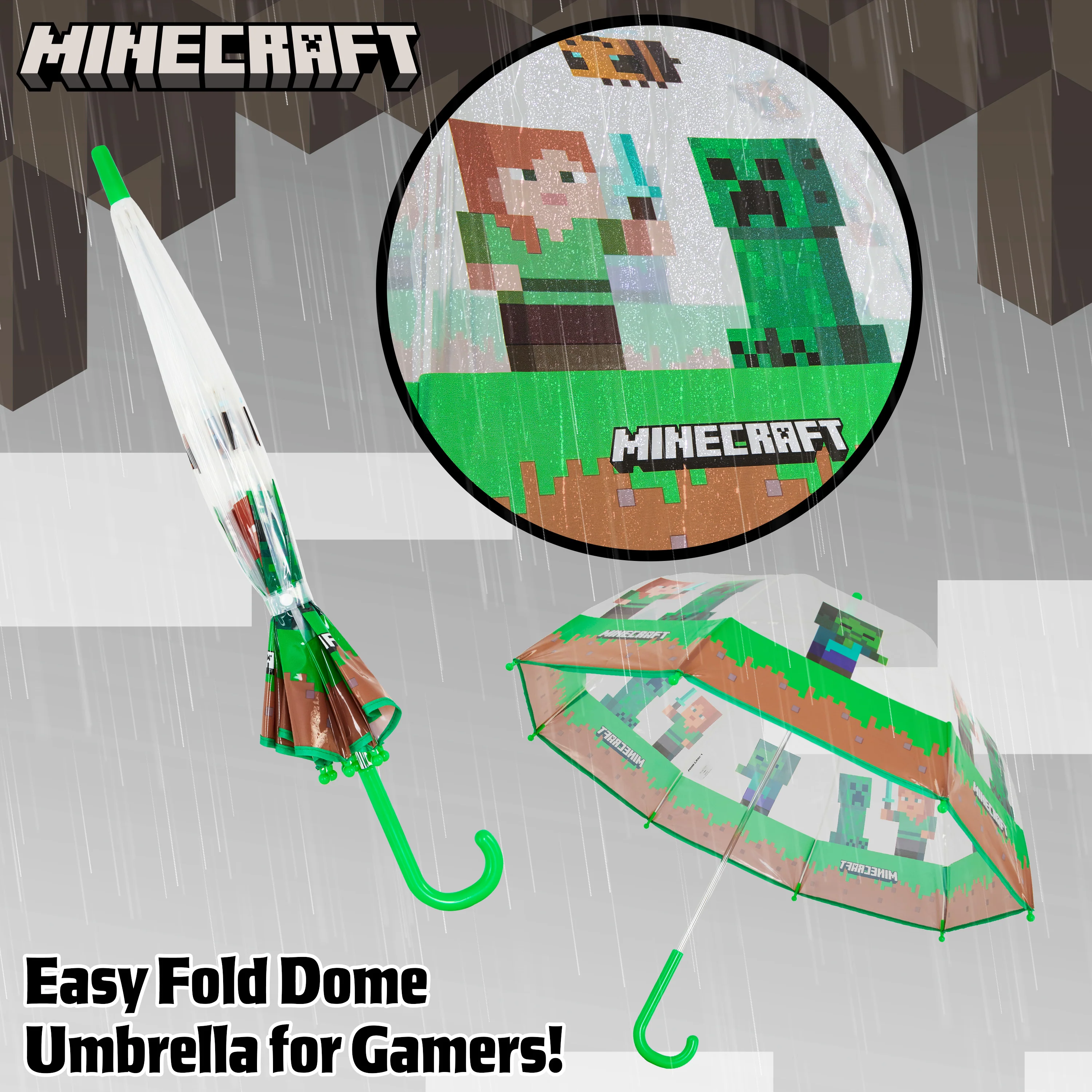 Minecraft Stick Umbrella for Kids, Transparent Clear Dome with J-Shaped Handle - Image 4