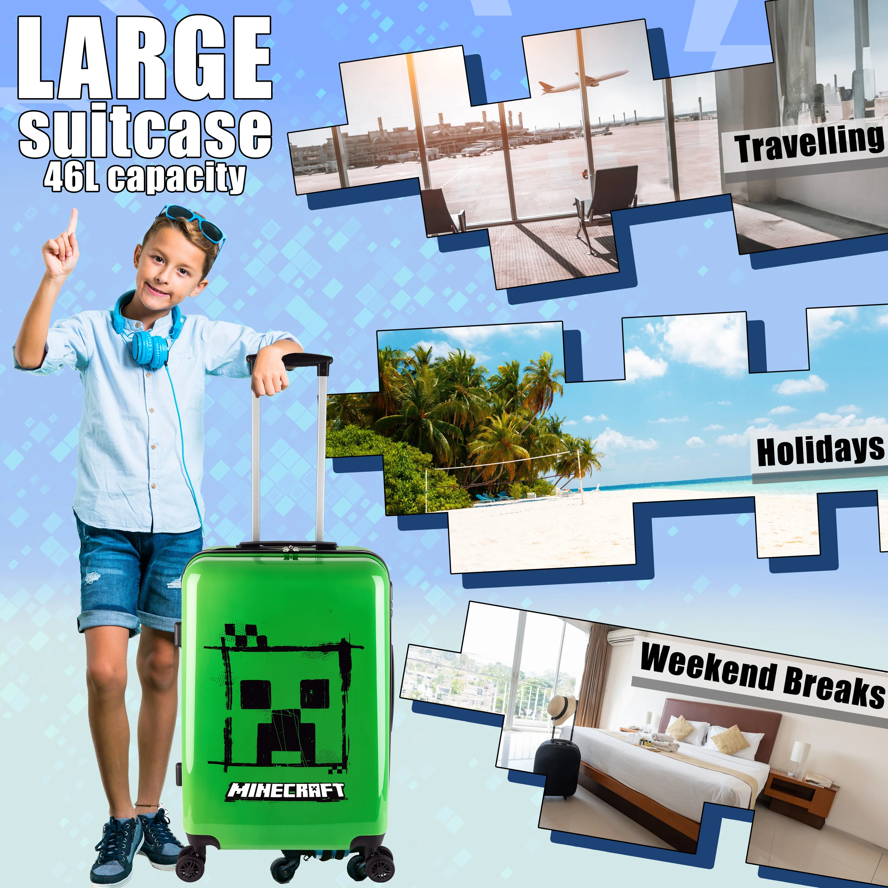 Minecraft Suitcase Kids Teens Creeper Hard Shell Luggage Travel Case 4 Wheels Handle Travel Essentials Holiday School Trips (Green, M/L66.5cm x W45.5-46L) - Image 2
