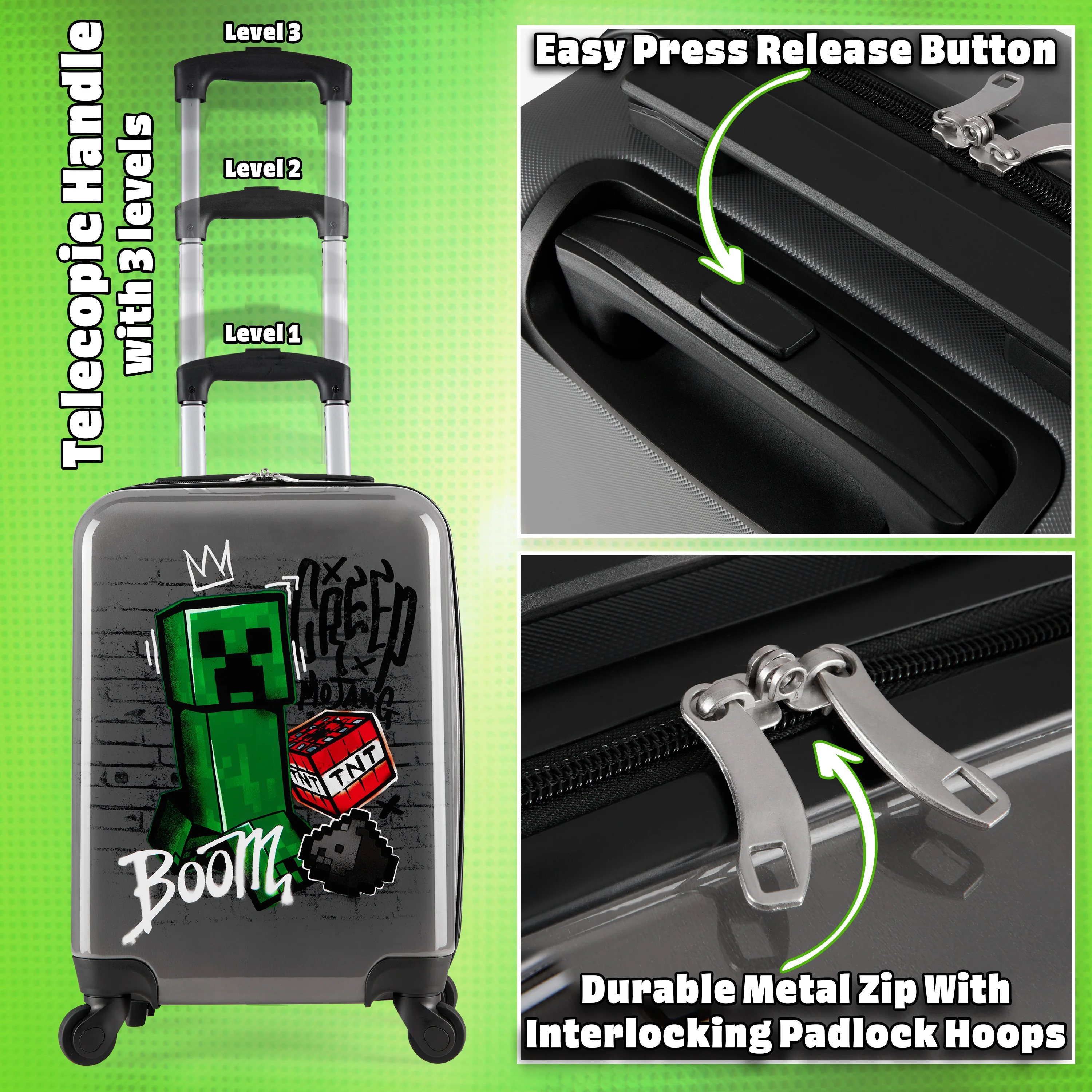 Minecraft Suitcase Kids Teens Creeper Hard Shell Luggage Travel Case (Grey, S/L49cm x W33cm - 30L) - Image 5