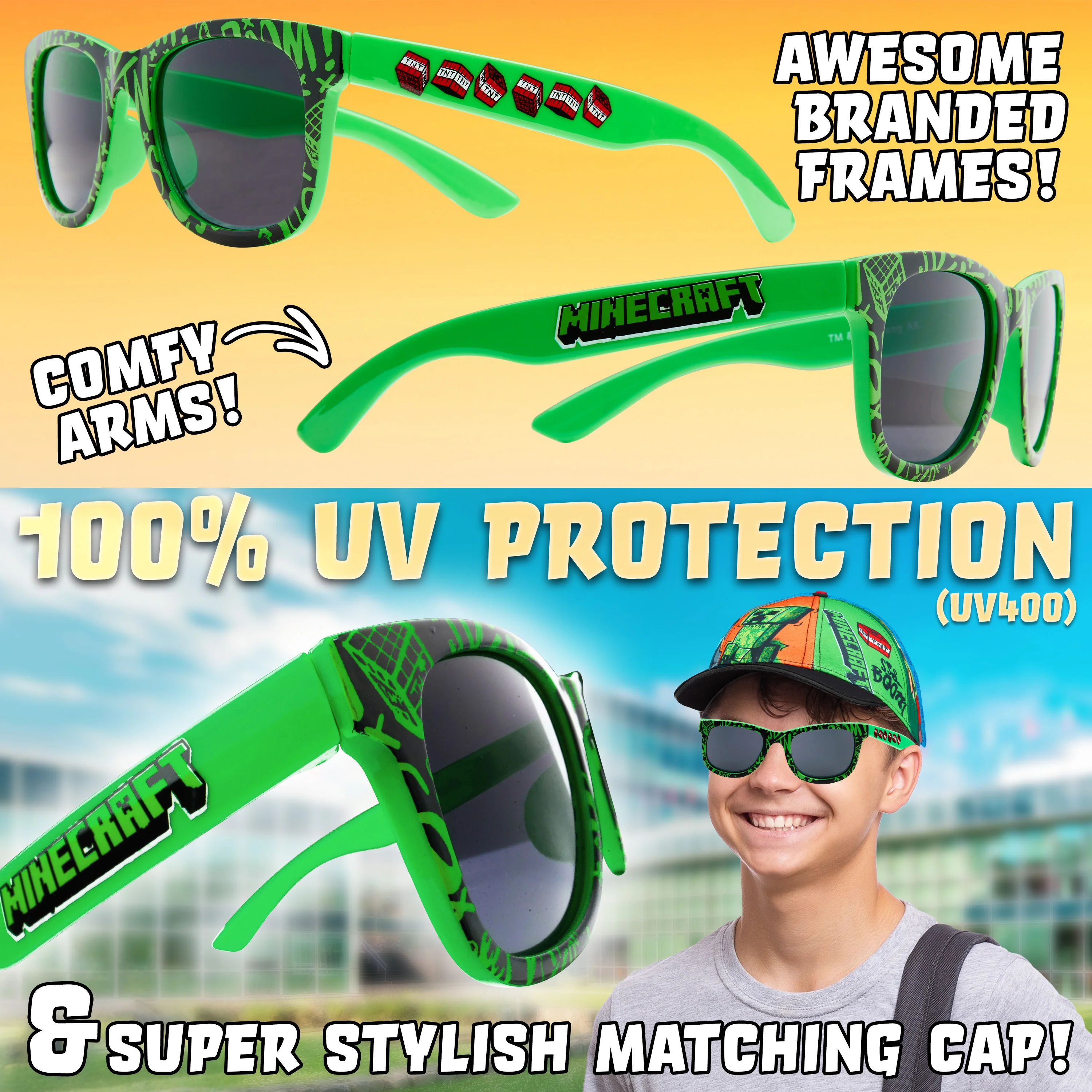 Minecraft Sunglasses Baseball Cap Set Creeper Adjustable Boys Hat 100% UV Kids Sunglasses Holiday Accessories Gamer Gifts - Image 3