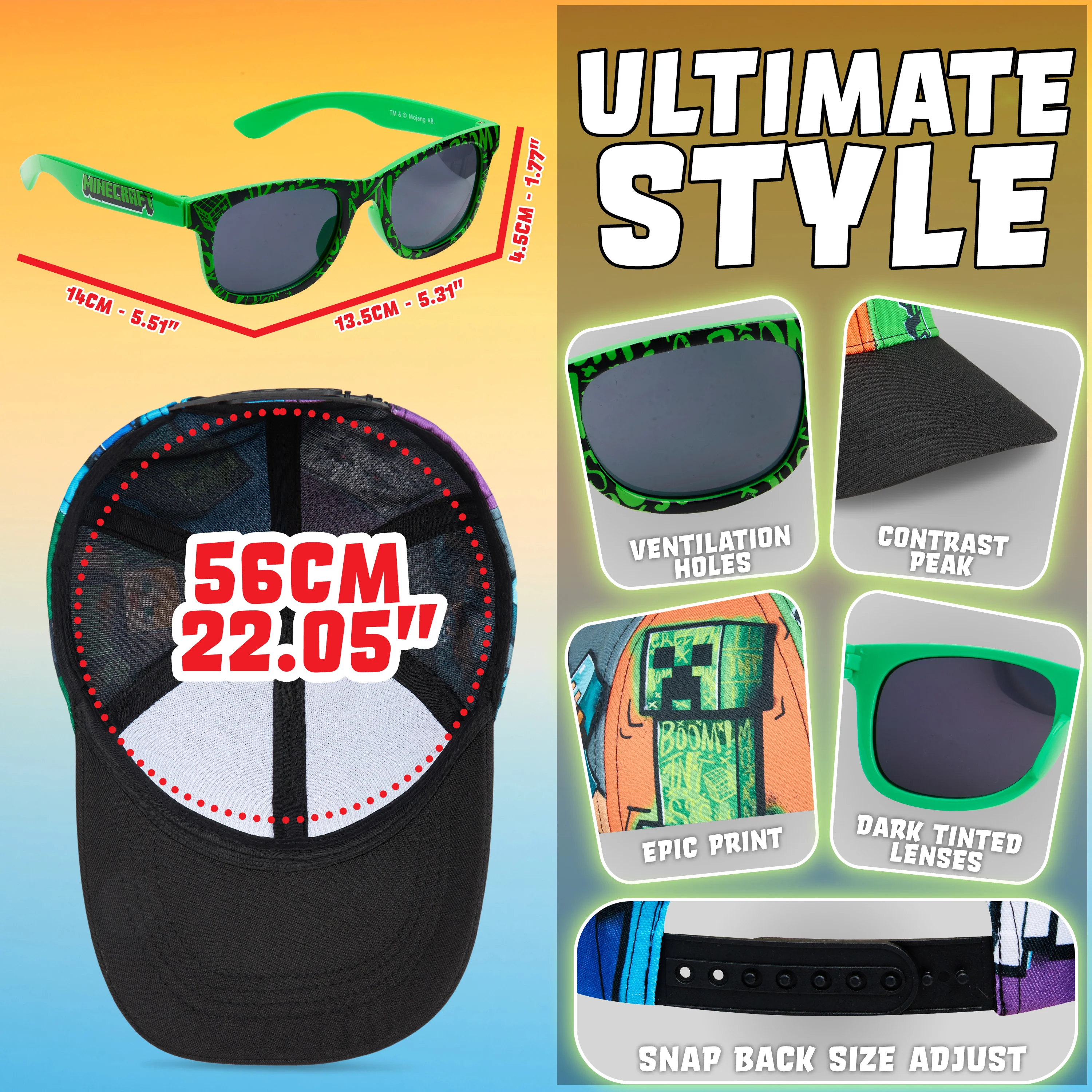 Minecraft Sunglasses Baseball Cap Set Creeper Adjustable Boys Hat 100% UV Kids Sunglasses Holiday Accessories Gamer Gifts - Image 6