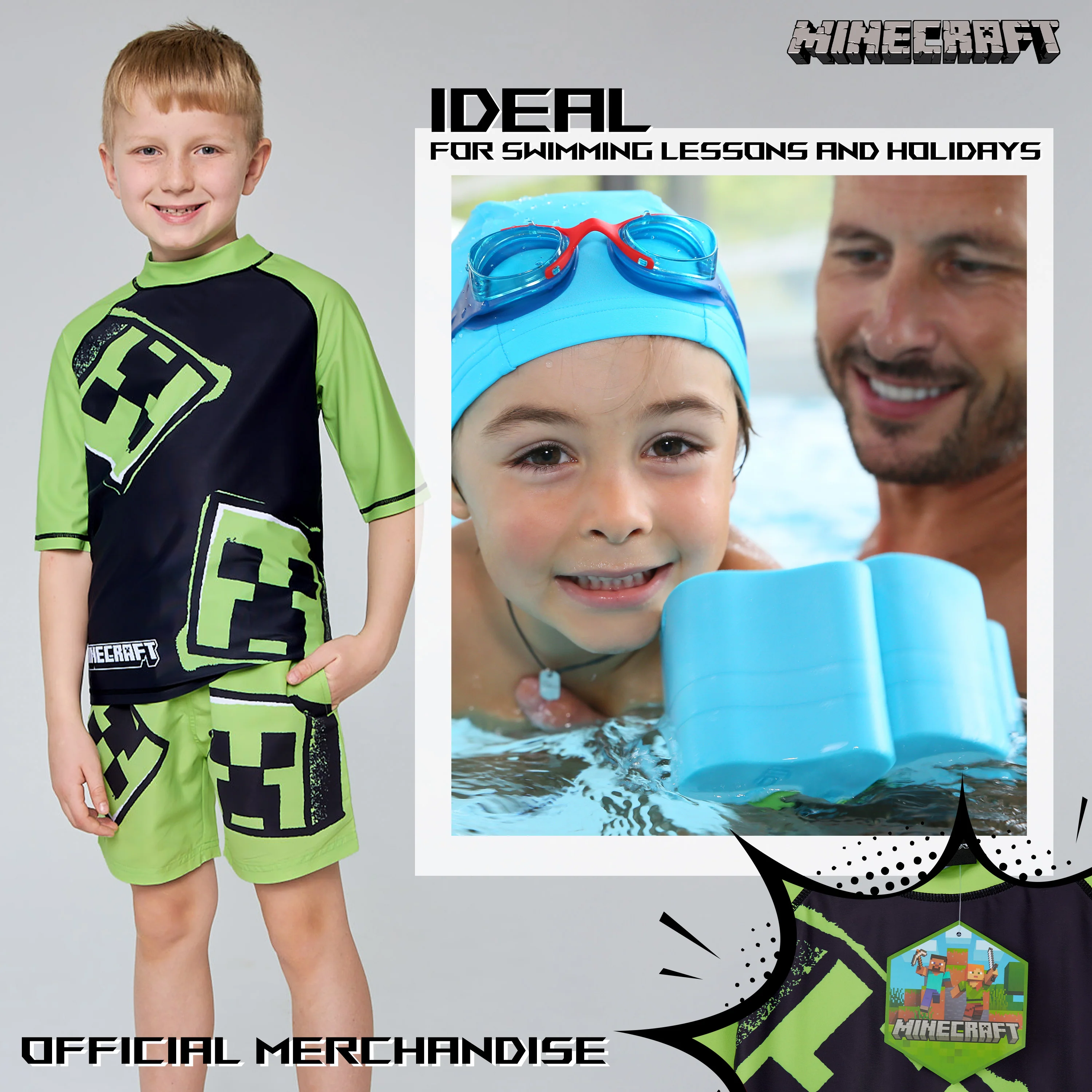 Minecraft Swimsuit Set Boys 2 Piece Creeper Swimming Costume Boys Swimming Shorts - Image 4
