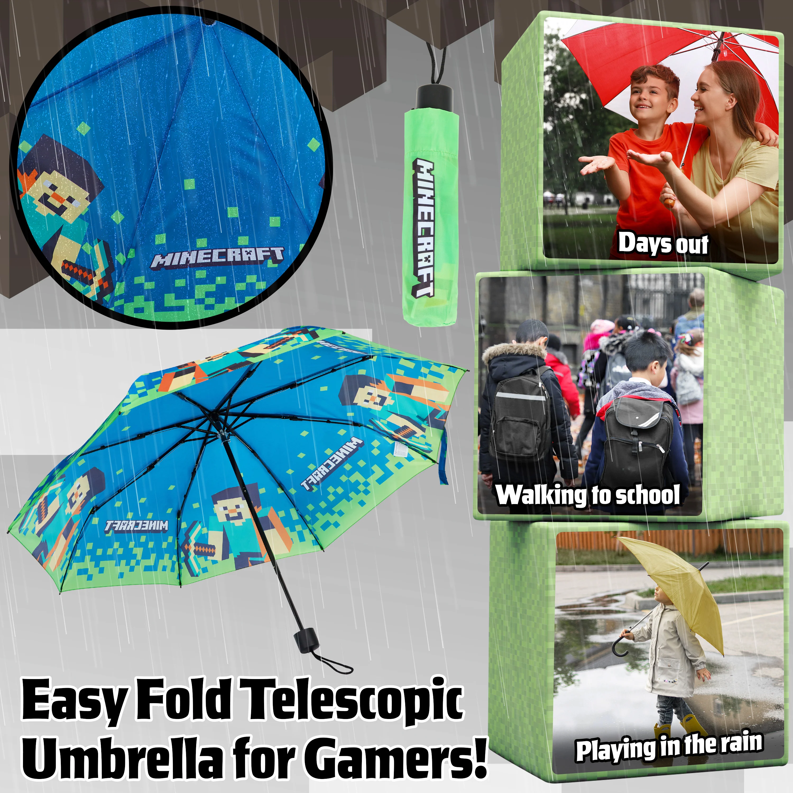 Minecraft Telescopic Umbrella - Folding Umbrella Lightweight for Travel School - Image 3