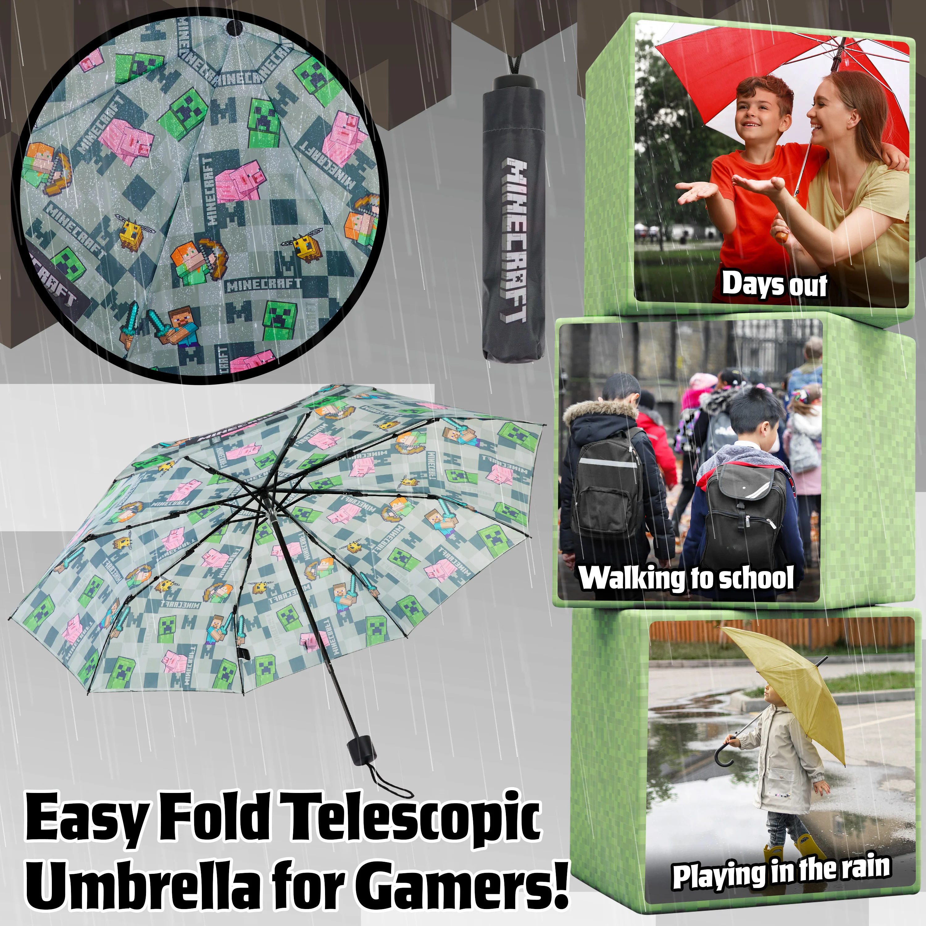 Minecraft Telescopic Umbrella - Folding Umbrella Lightweight for Travel School - Image 3