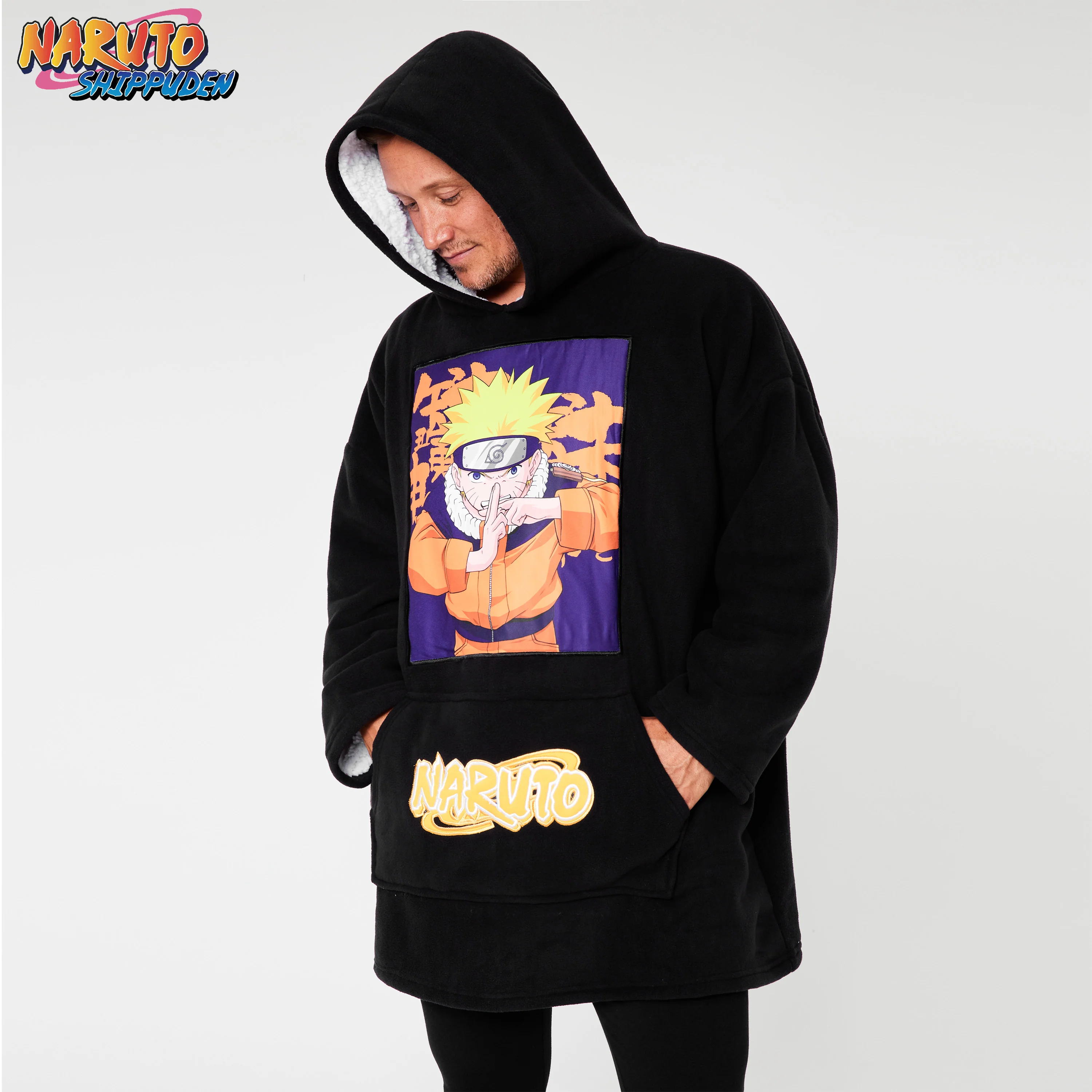 Naruto Blanket Hoodie for Men - Black/Orange - Image 3