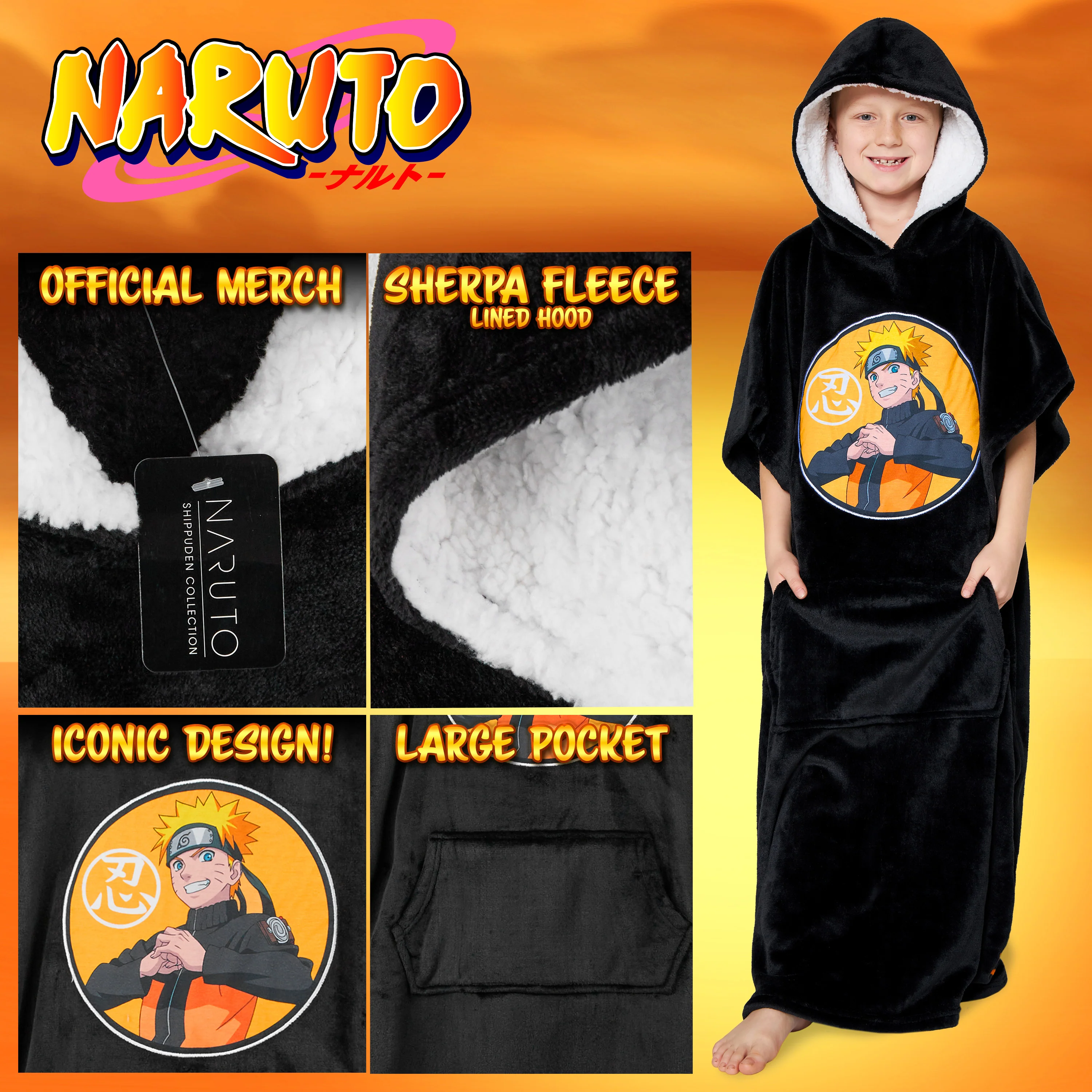 Naruto Fleece Hoodie Blanket for Boys and Teenagers - Black - Image 4