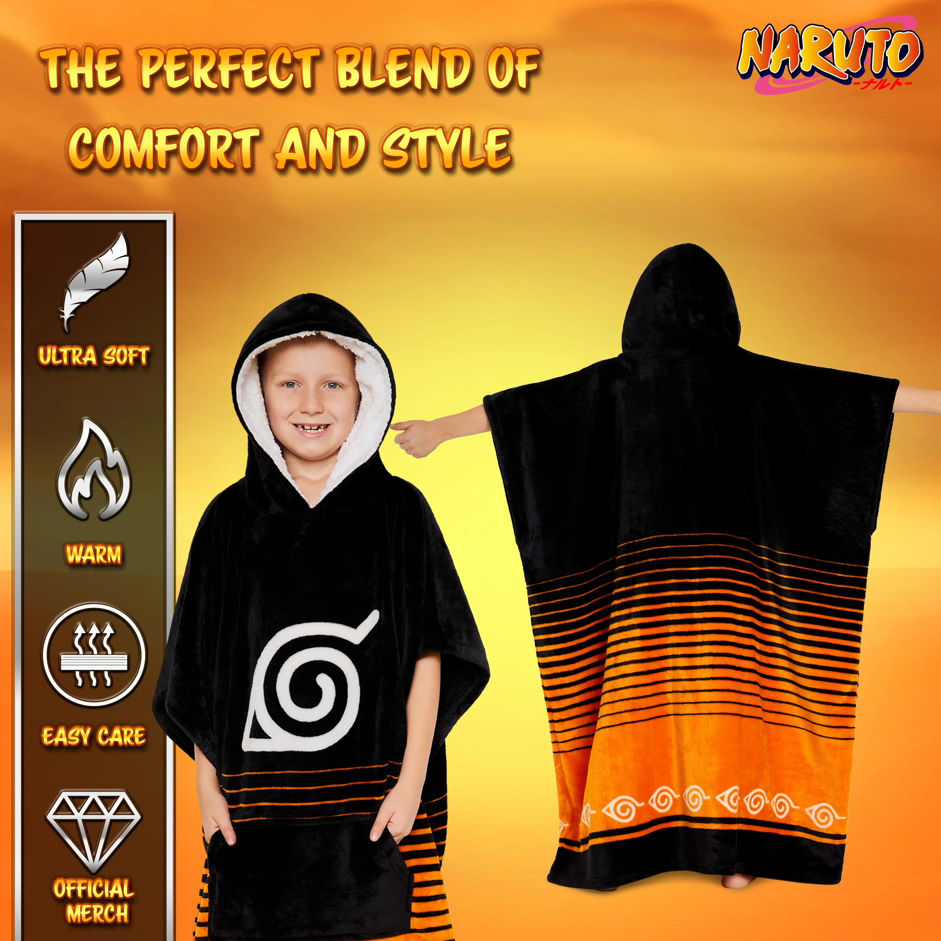 Naruto Fleece Hoodie Blanket for Boys and Teenagers - Black/Orange - Image 5