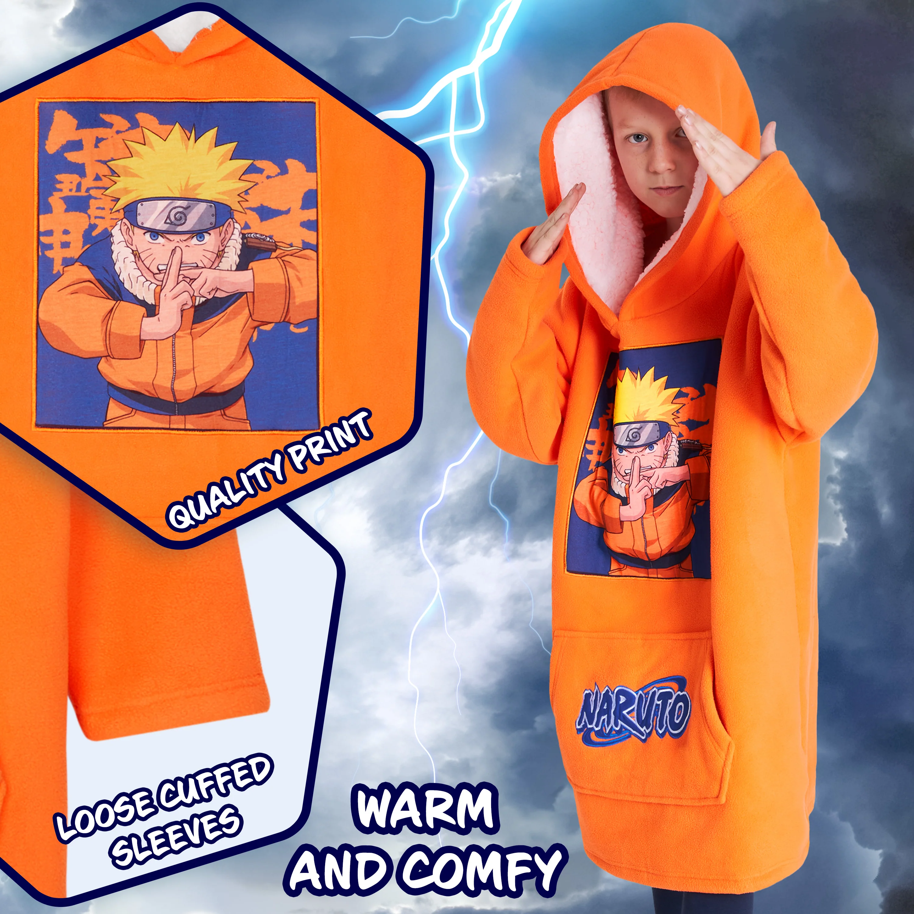 Naruto Fleece Hoodie Blanket for Boys and Teenagers - Orange - Image 4