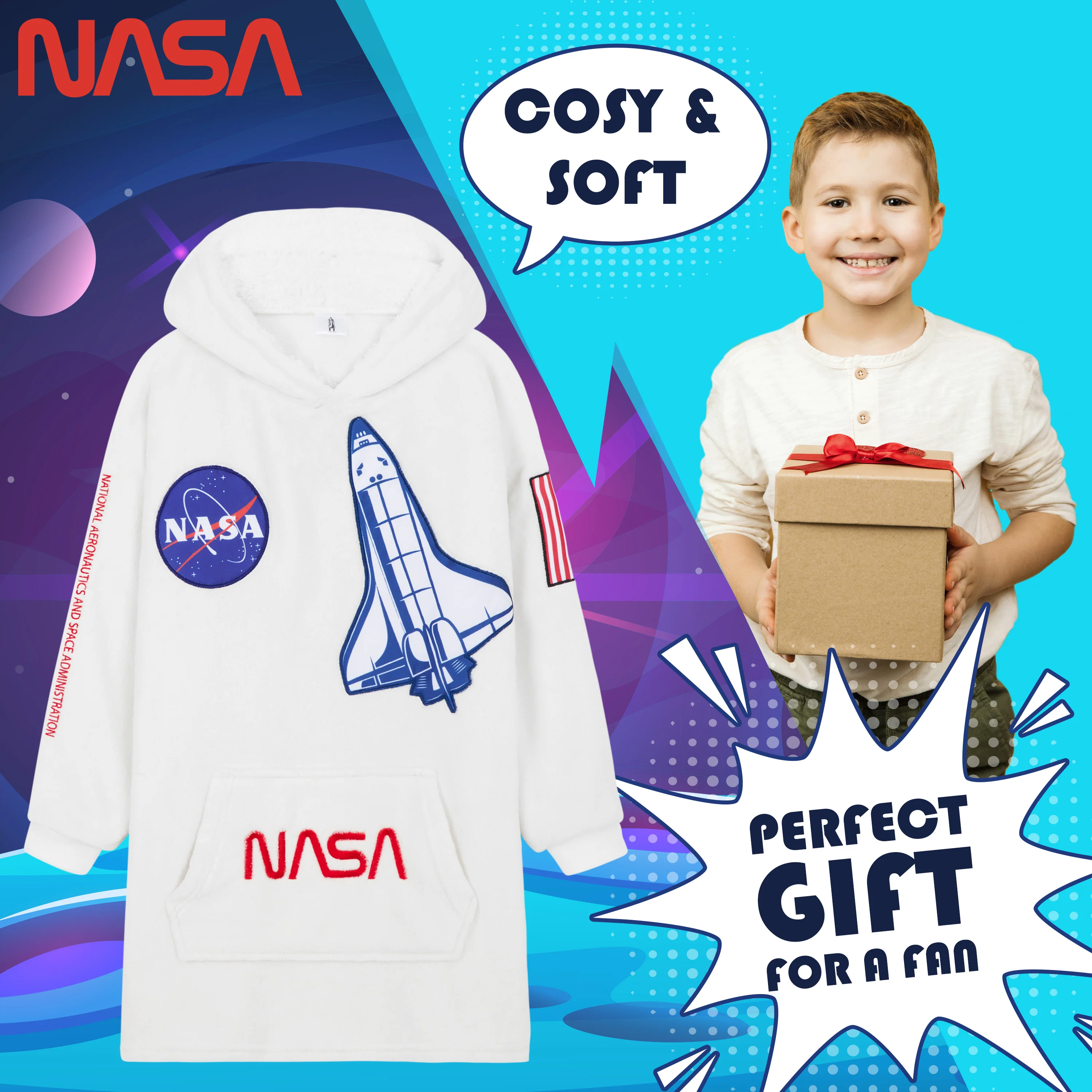 Nasa Fleece Hoodie Blanket for Kids and Teenagers - One Size Kids Oversized Hoodie - Image 3