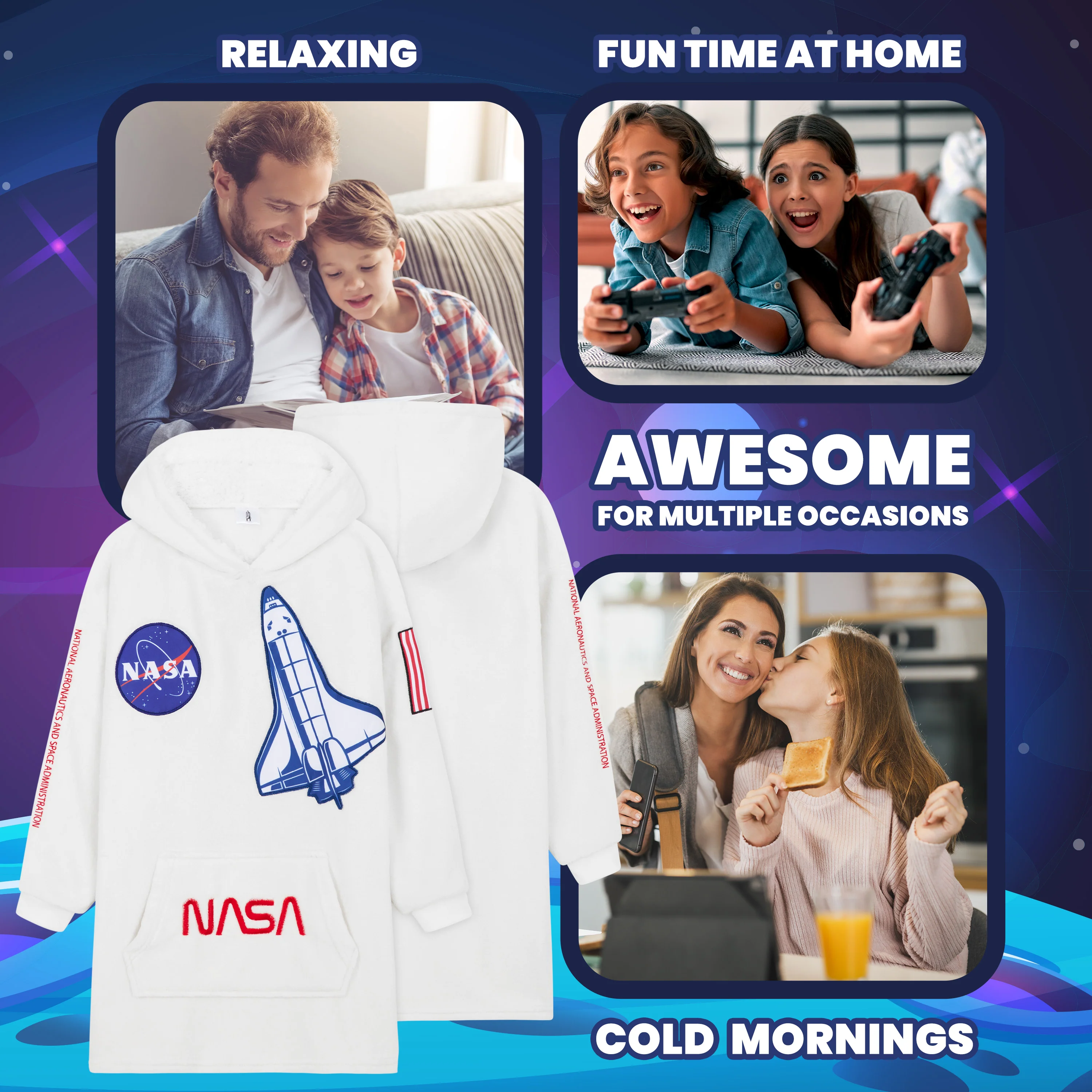 Nasa Fleece Hoodie Blanket for Kids and Teenagers - One Size Kids Oversized Hoodie - Image 5
