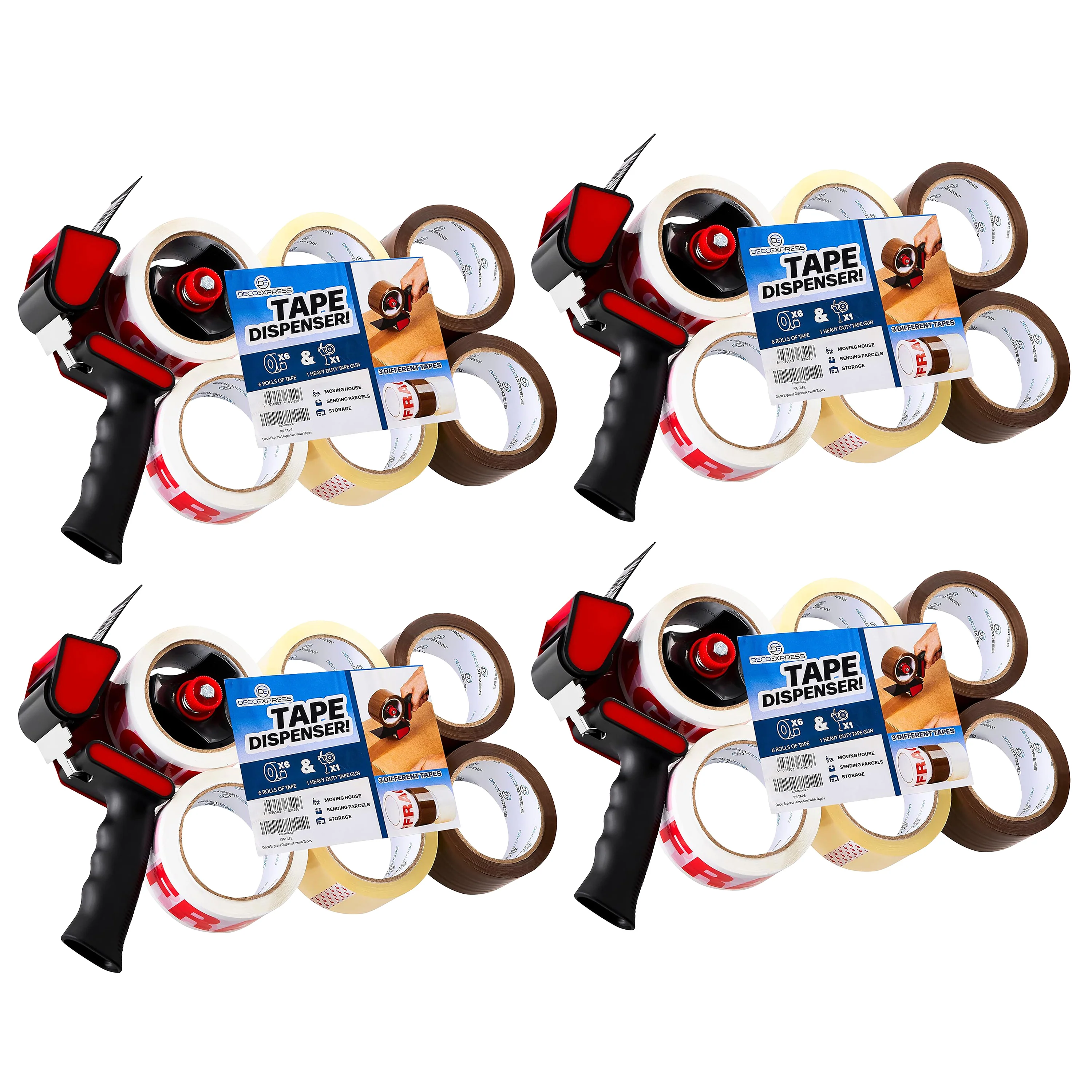 Packaging Tape Dispenser Tape Gun and 6 Rolls -Dispenser Mixed, 4 Pack