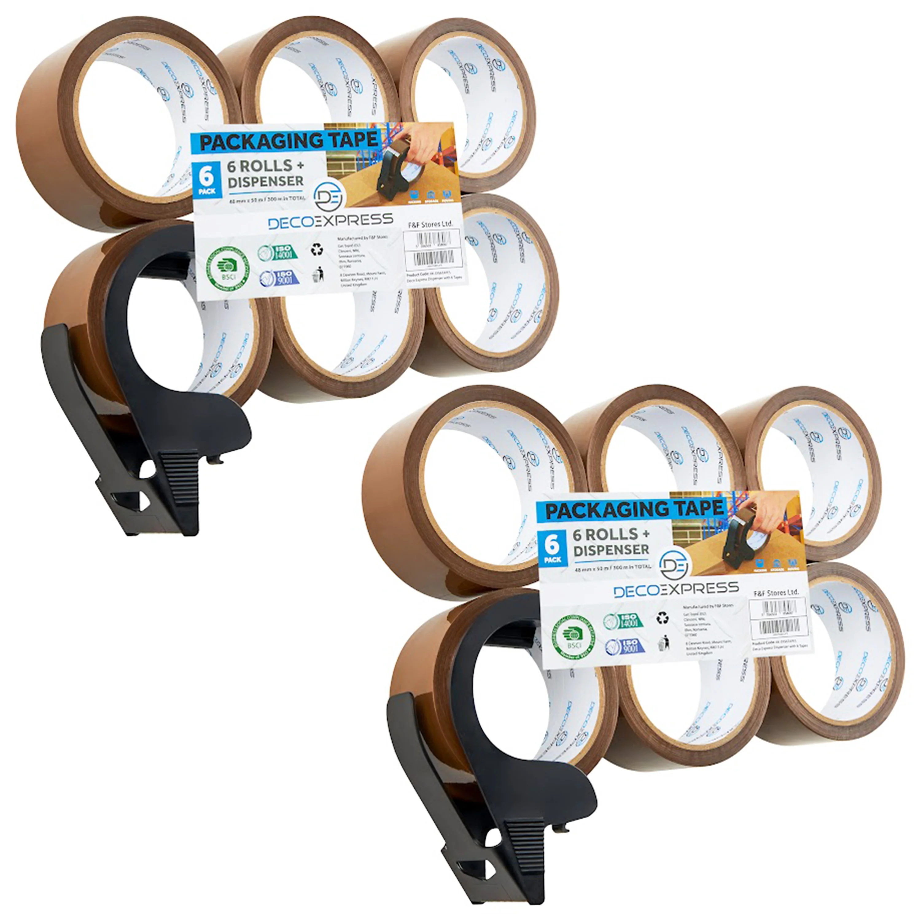 Packaging Tape Dispenser with Tape 6 Rolls - Small Dispenser Brown, 2 Pack